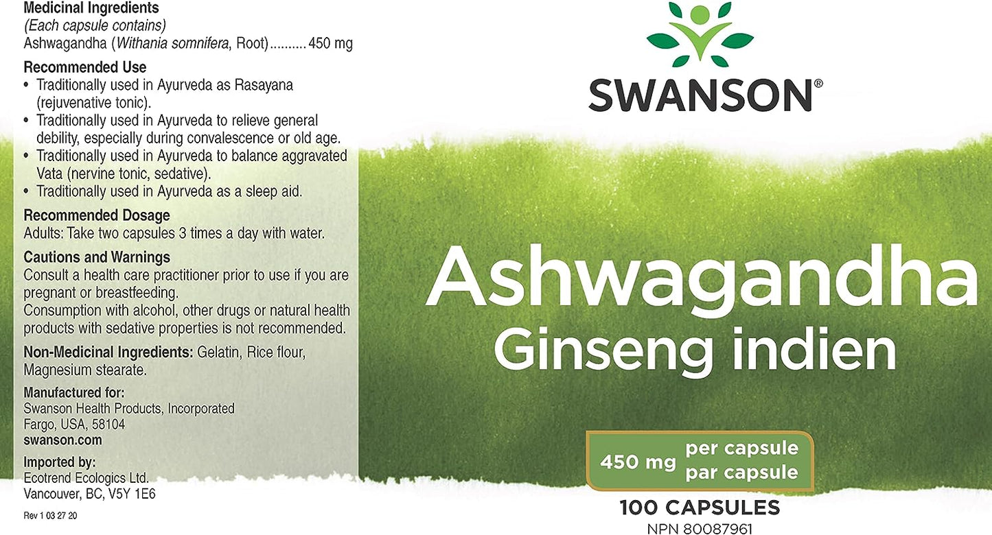 Swanson Ashwagandha Powder Supplement, 100 Capsules