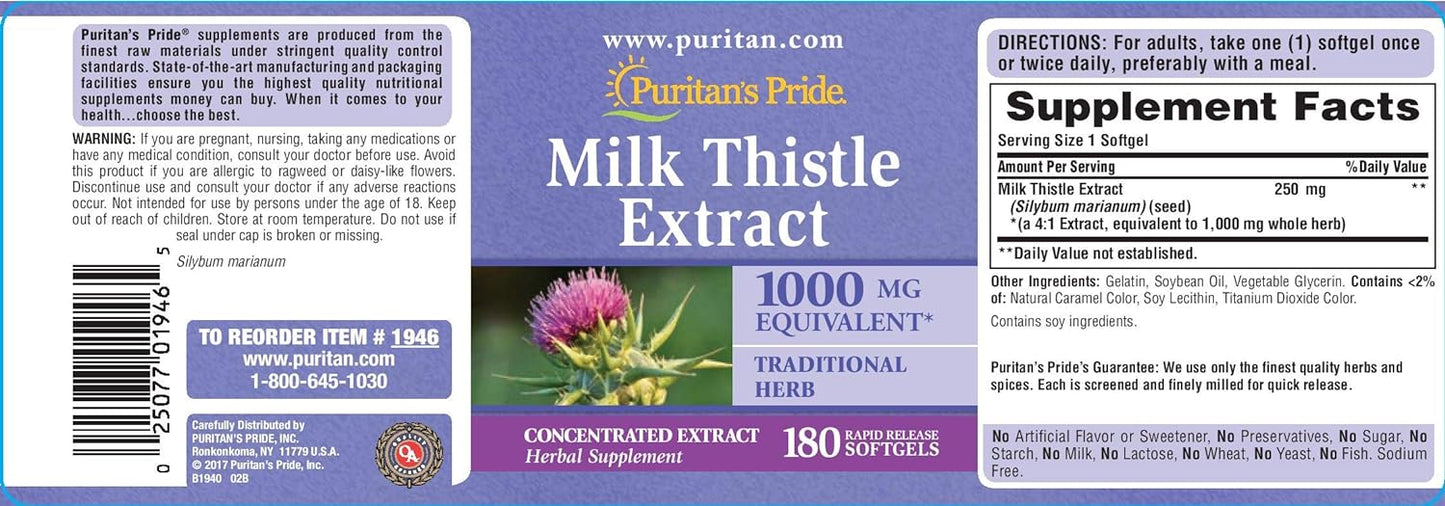 Puritan's Pride Milk Thistle 4:1 Extract 1000 Mg (Silymarin) Softgels,for Liver Support ,180 Count