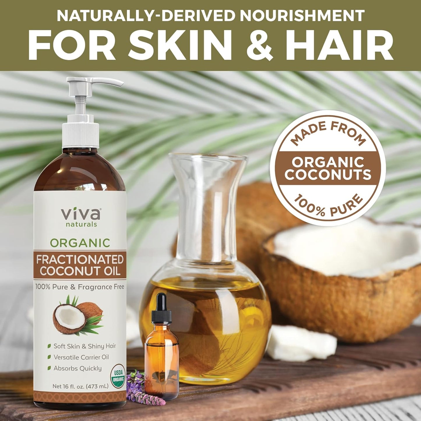 Viva Naturals Organic Fractionated Coconut Oil - Skin & Hair Moisturizer, Relaxing Massage and Body Oil