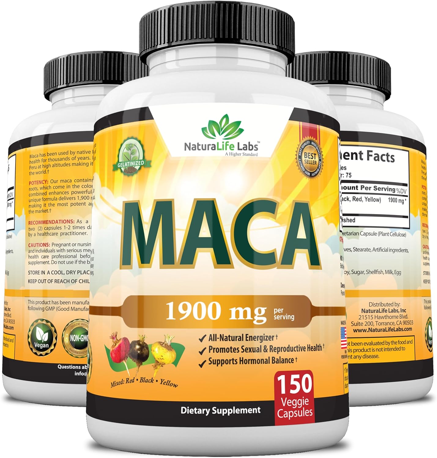 Organic Maca Root Black, Red, Yellow  - 150 Vegan Capsules