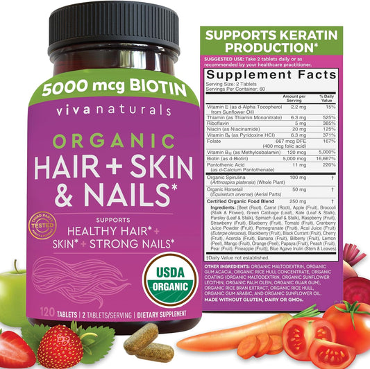 Organic Biotin Vitamins For Hair Skin and Nails Health Support -  120 Biotin Supplement