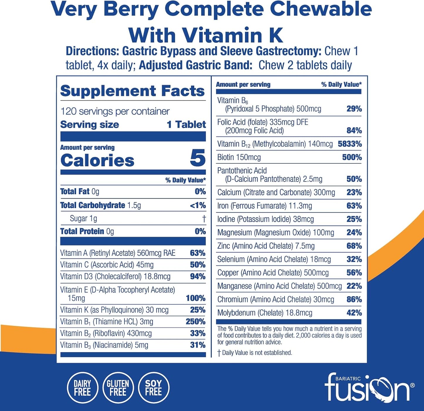 Bariatric Fusion Very Berry Complete Chewable  Multivitamin with Iron and Vitamin K- 120 Tablets