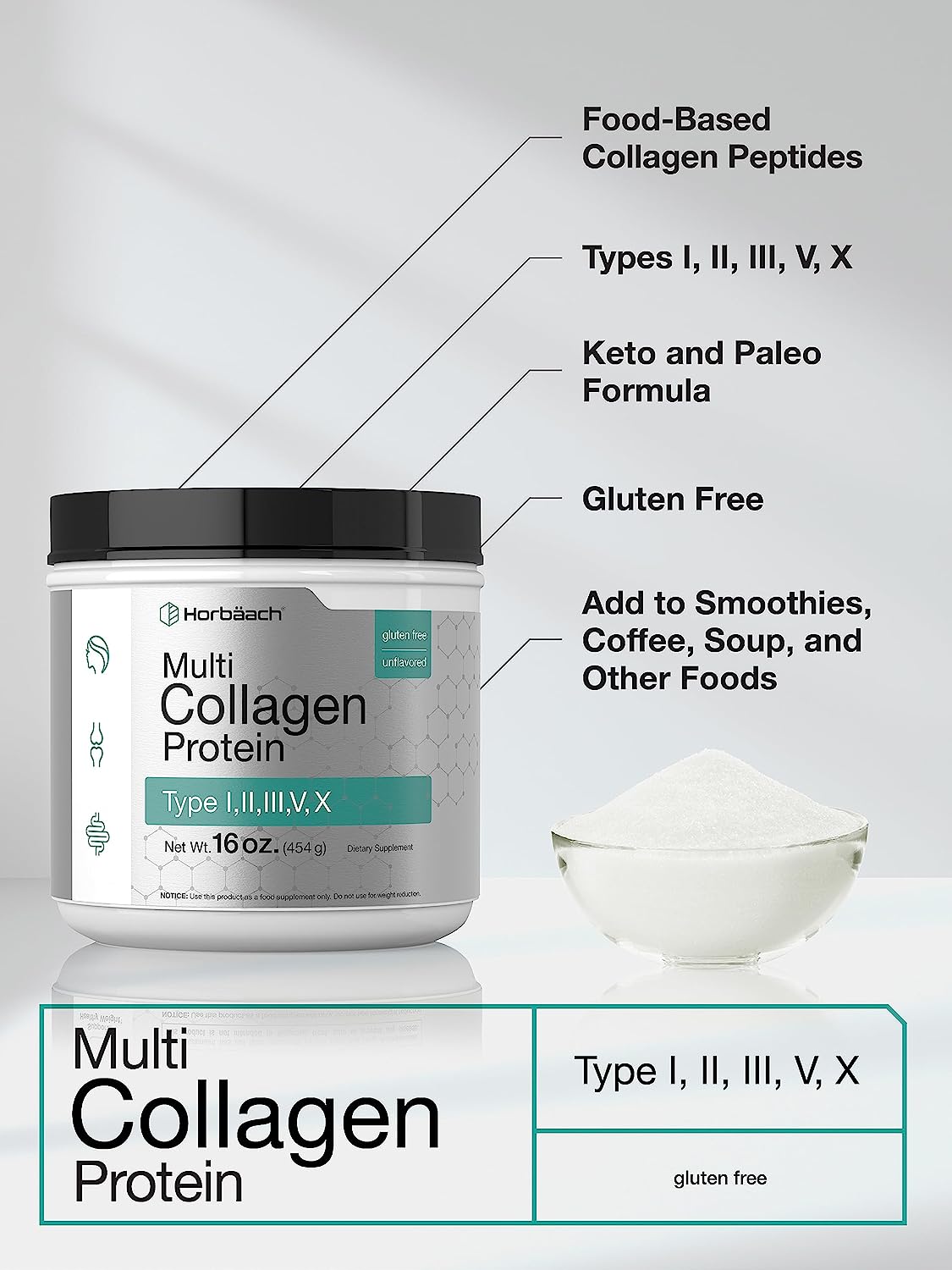 Multi Collagen Protein Powder 16 oz | Type I, II, III, V, X