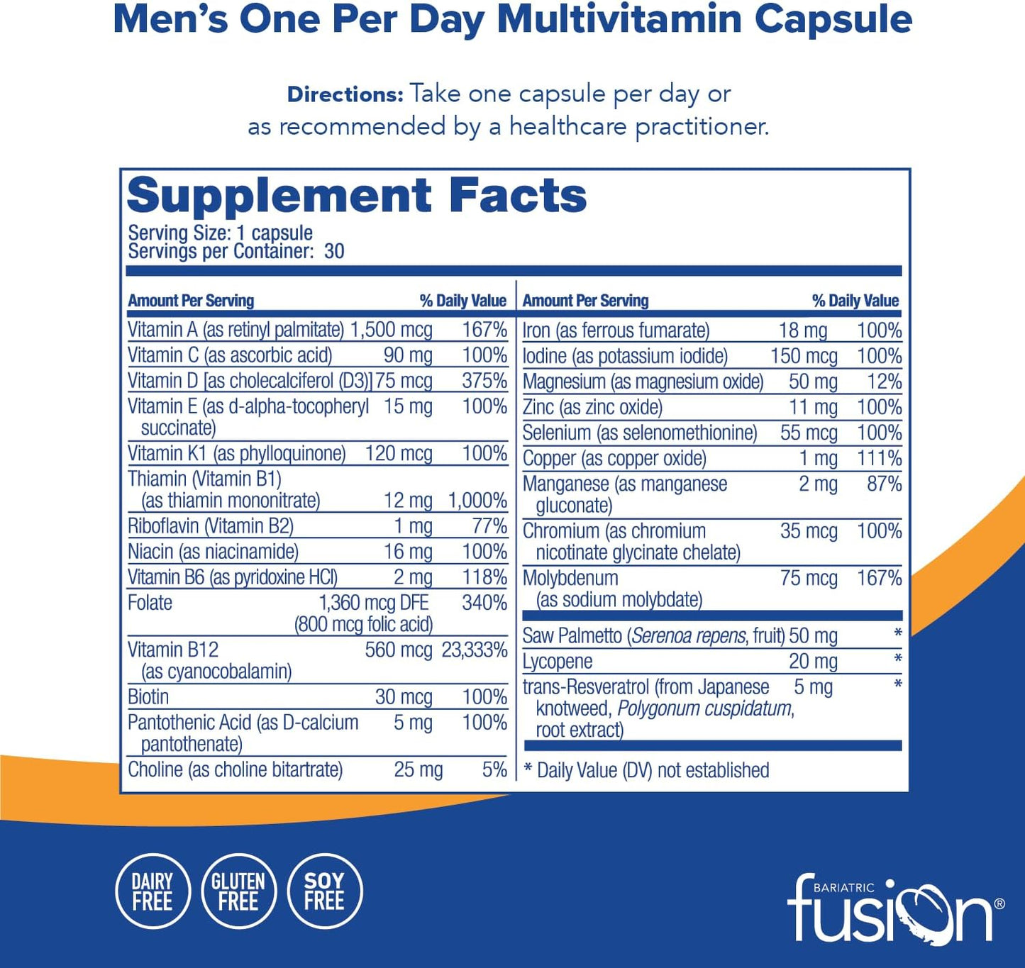 Bariatric Fusion One Per Day Multivitamin with Iron for Men  - 30 Capsules