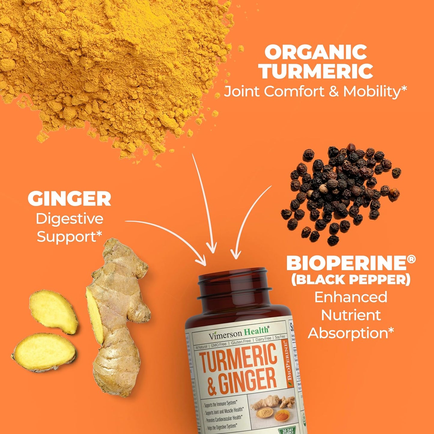 Tumeric and Ginger with Black Pepper - Natural Turmeric Curcumin Joint Support 60 capsules