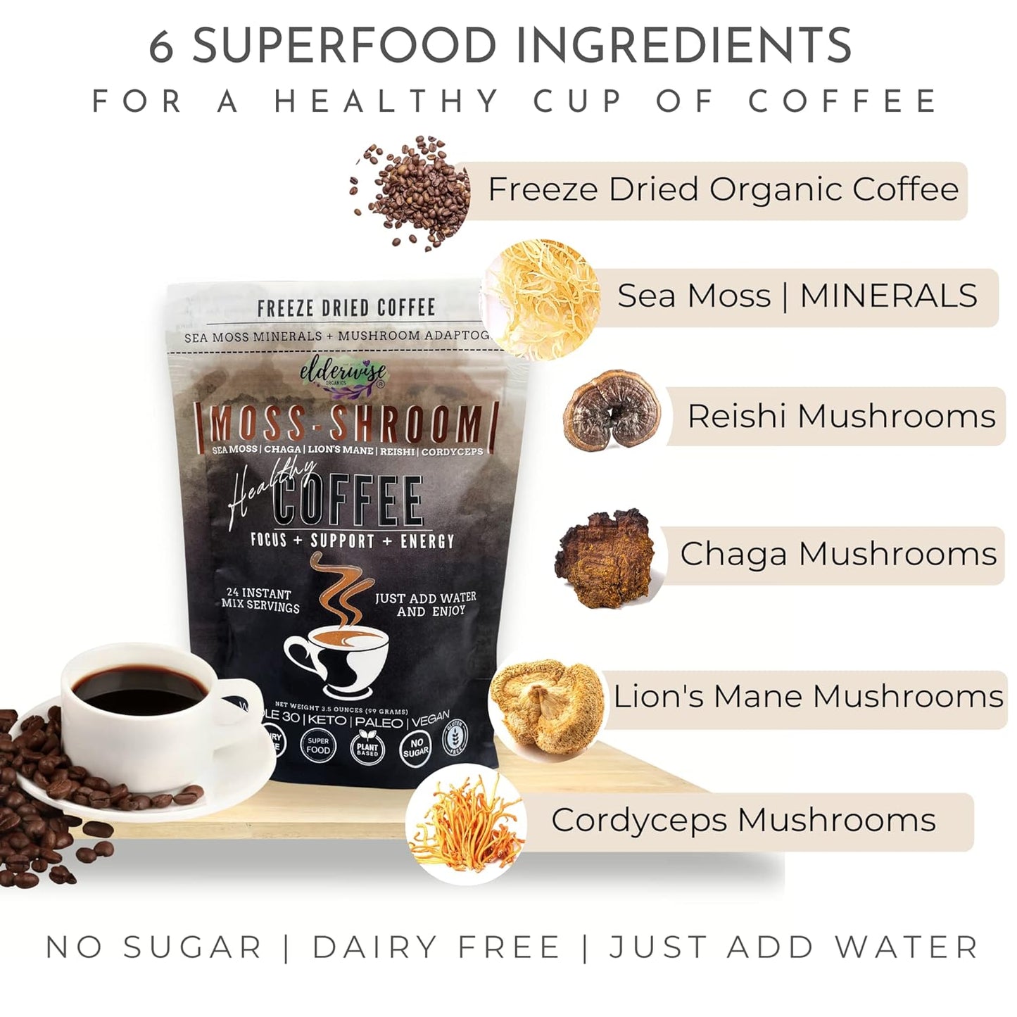 Elderwise Organics Coffee with Mushrooms & Sea Moss -24 Servings