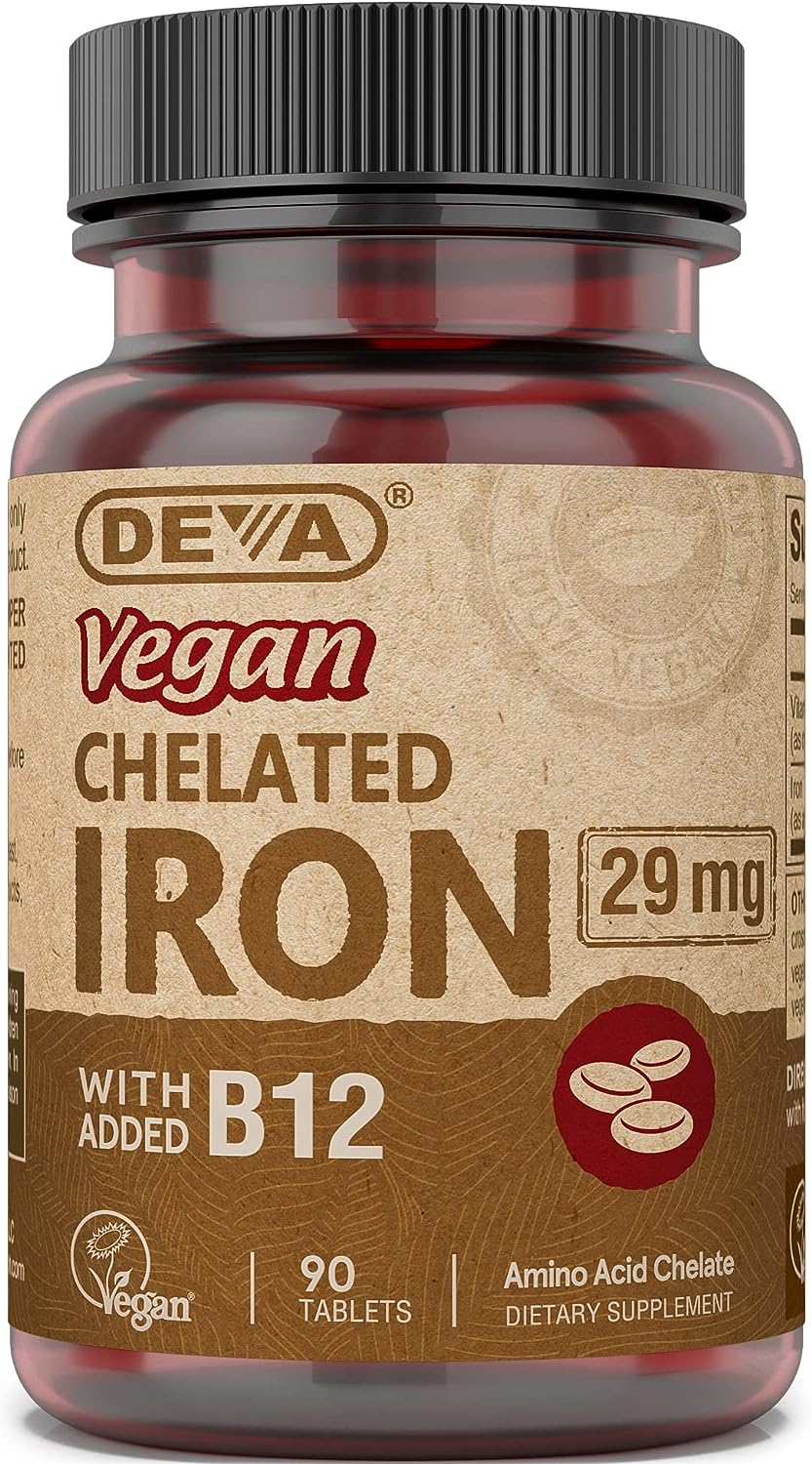 Deva Nutrition Vegan Chelated Iron 29 mg Fortified with B-12 - High Potency, Easy to Swallow - 90 Tablets, 1-Pack