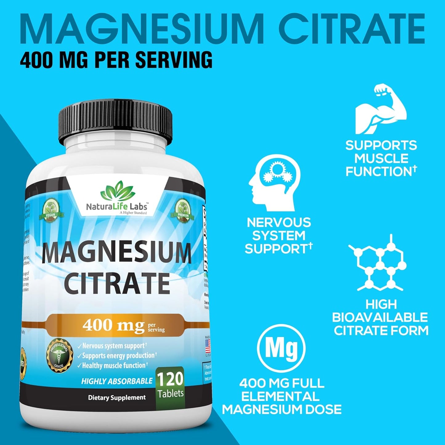 Magnesium Citrate 400 mg - High Potency Elemental 120 Tablets