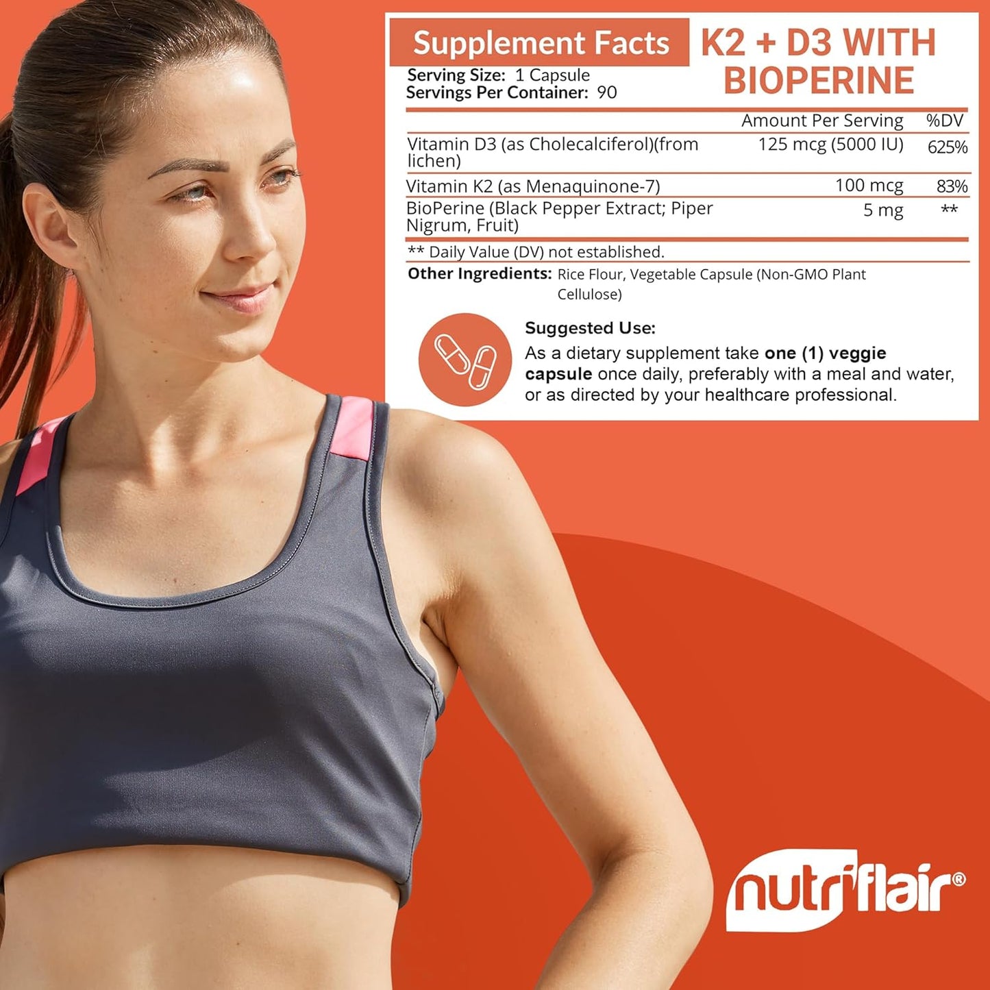 NutriFlair Vitamins D3 (5000iu/125mcg) + K2 (as Mk7)  90 Capsules