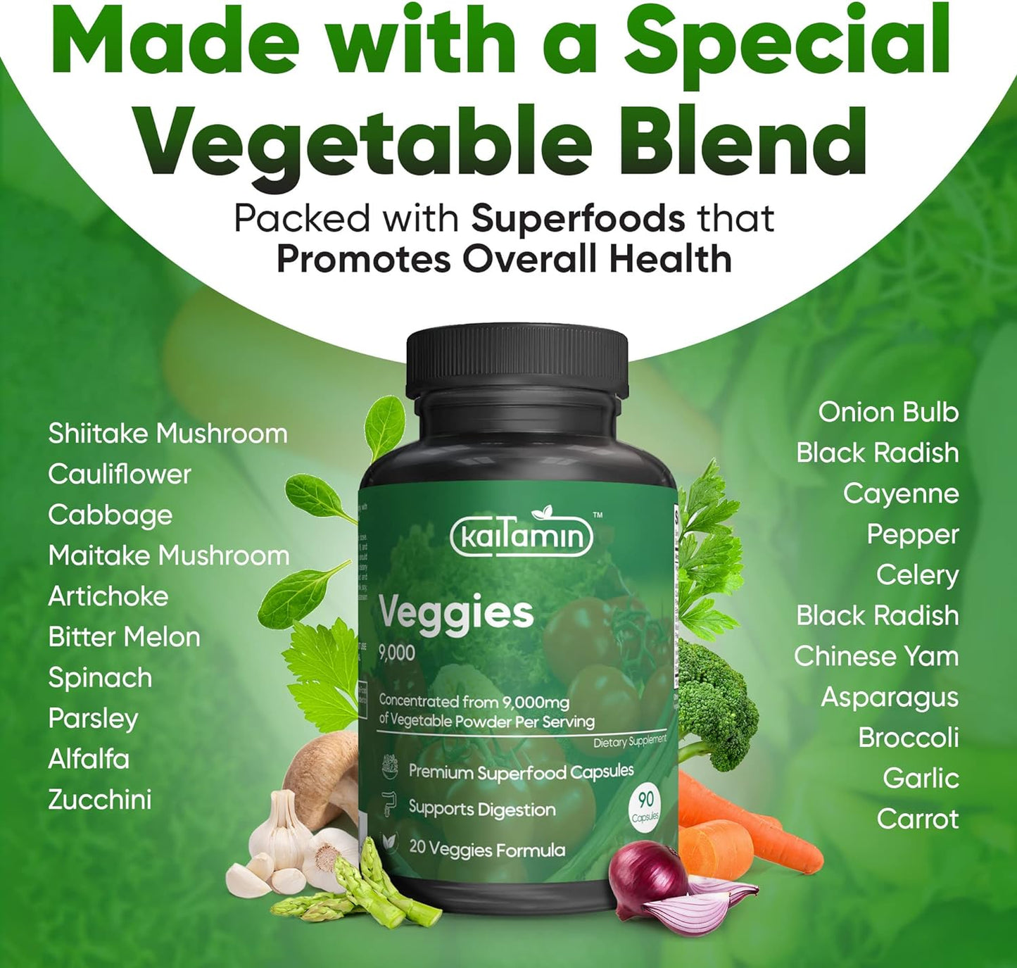 Kaitamin - Veggies Supplement 9000, Improves Your Digestion  90 Capsules