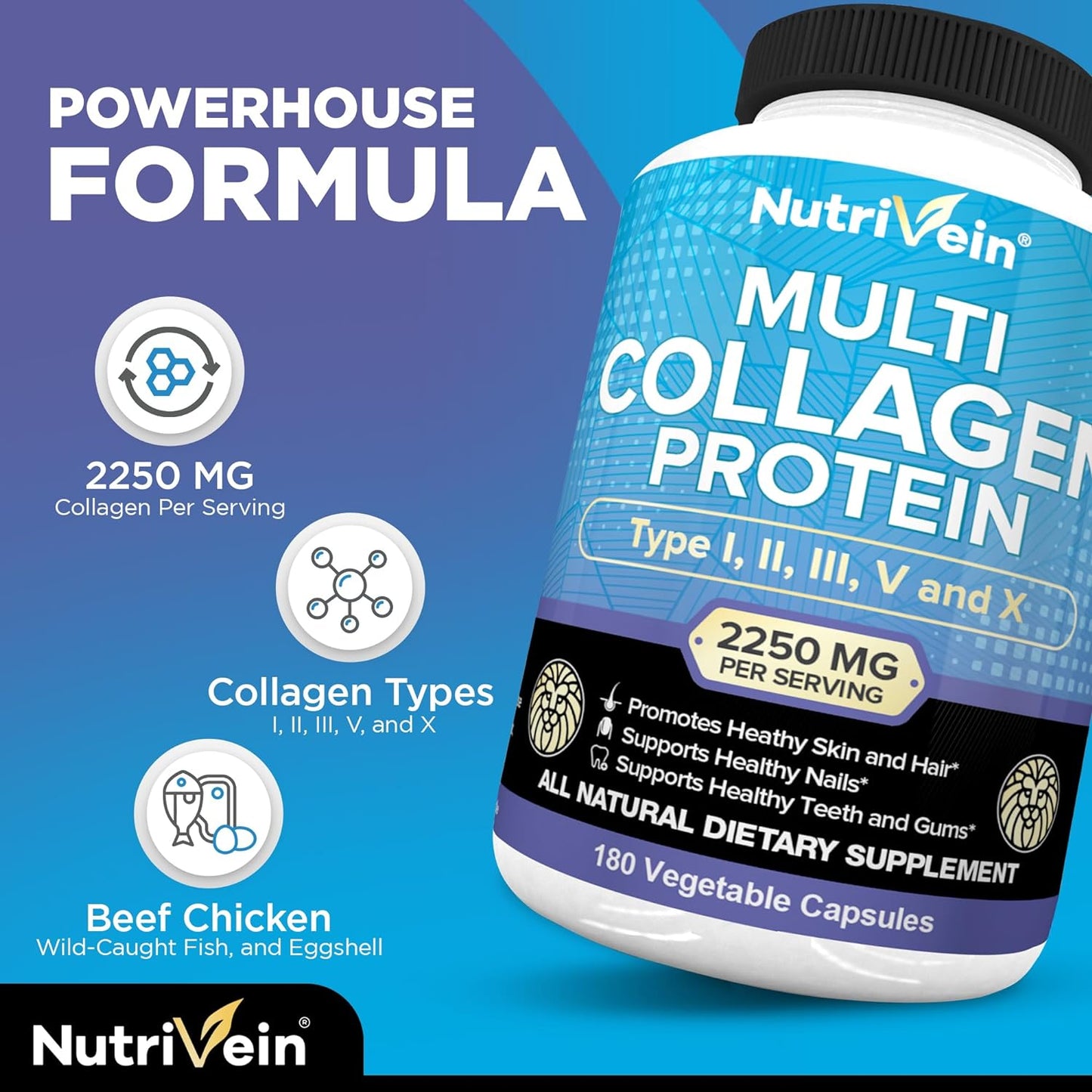 Nutrivein Multi Collagen Pills 2250mg - 180 Collagen Capsules