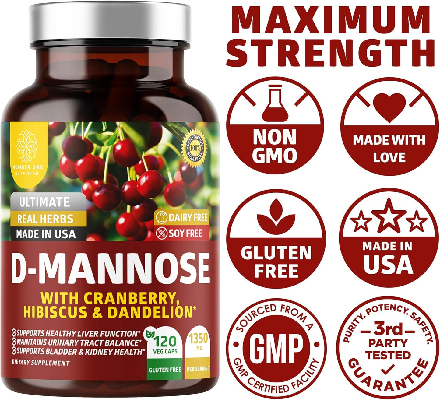 Number One Nutrition Premium D Mannose with Cranberry 120 Veg Caps