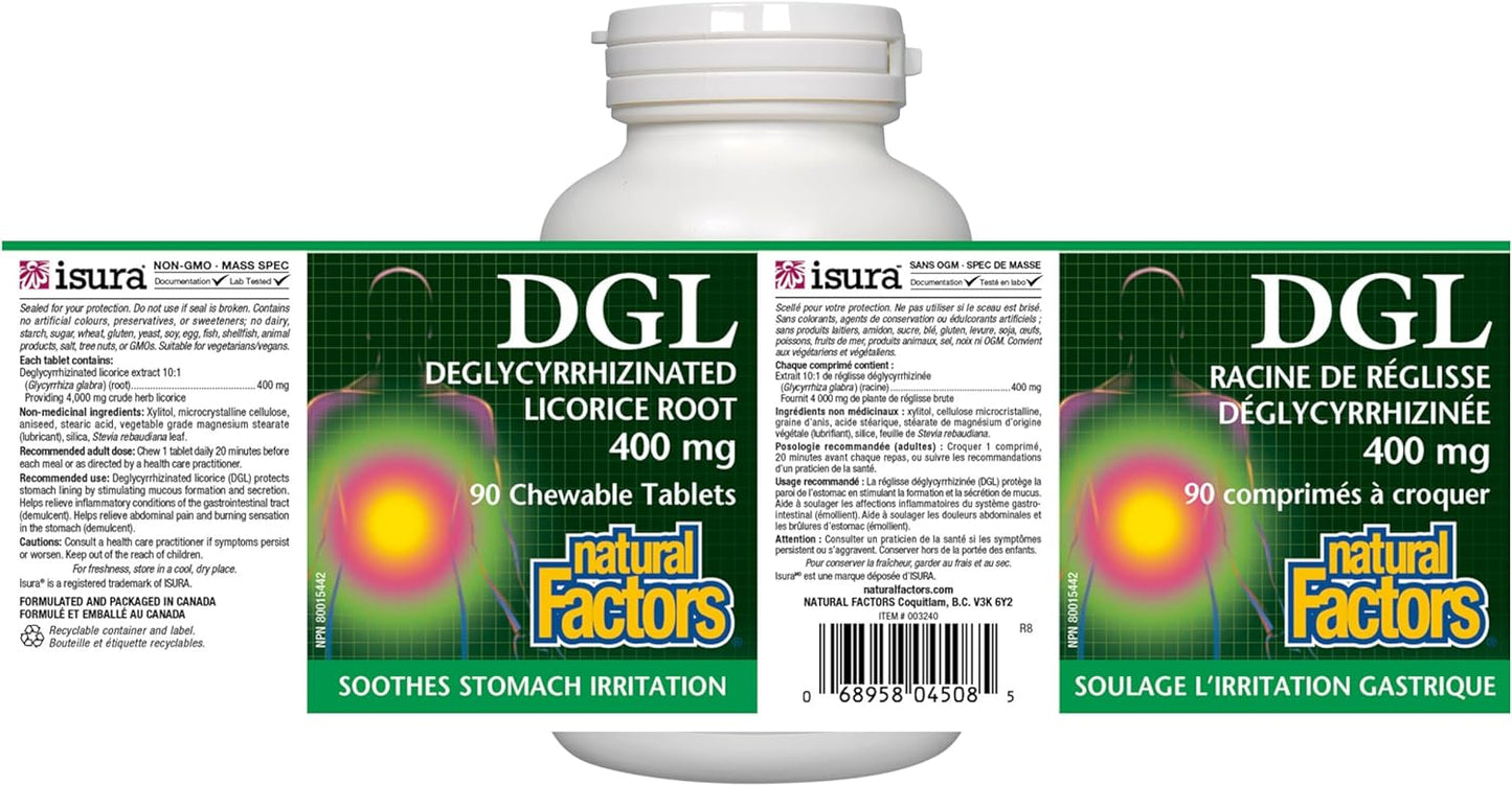 Natural Factors, Chewable DGL 400 mg, Licorice Extract for Healthy Digest, 90 Tablets