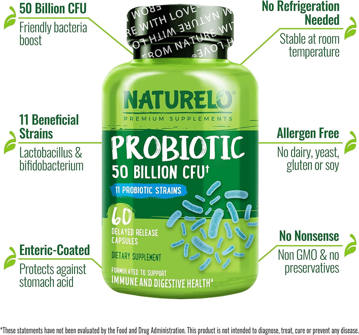 NATURELO Probiotic Supplement - 50 Billion CFU - 11 Strains - 60 capsules