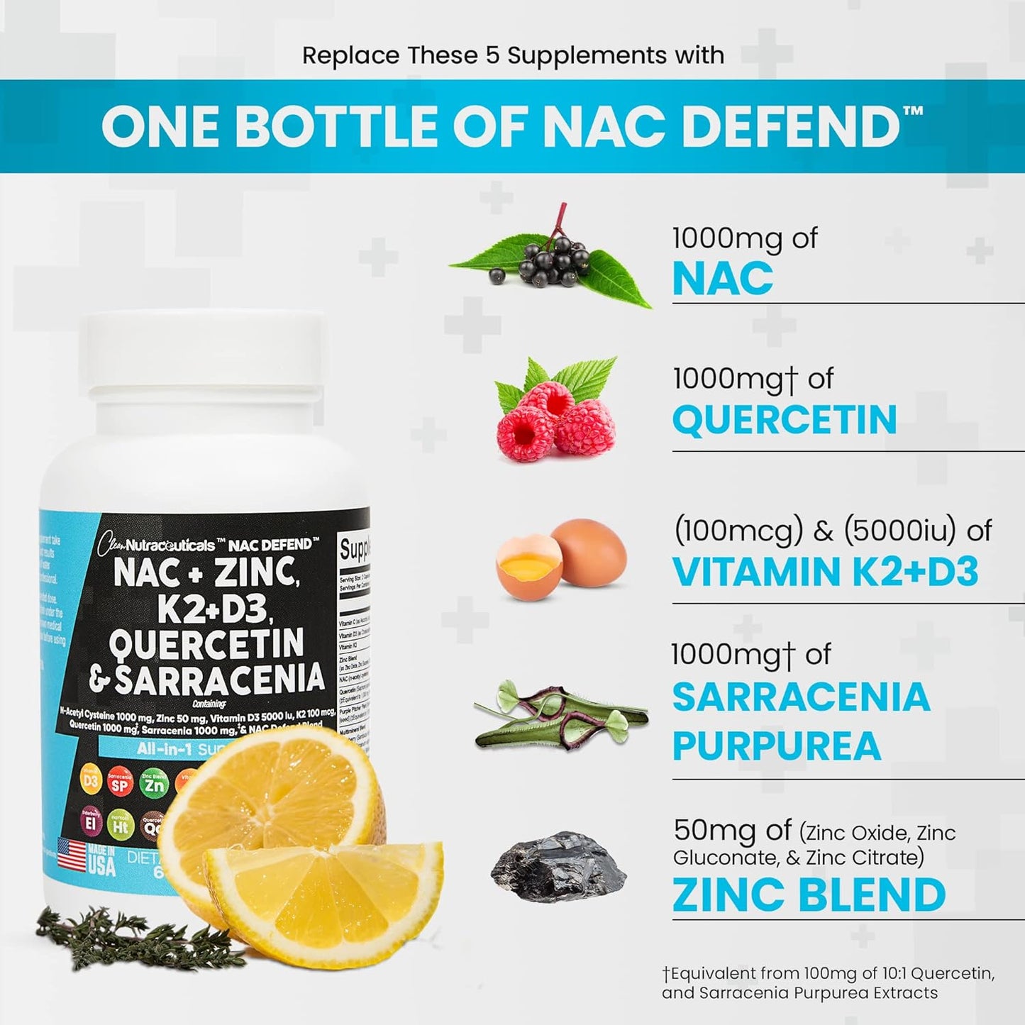 NAC Supplement N-Acetyl Cysteine Vitamin D3 K2 Zinc Quercetin Sarracenia 60 Count