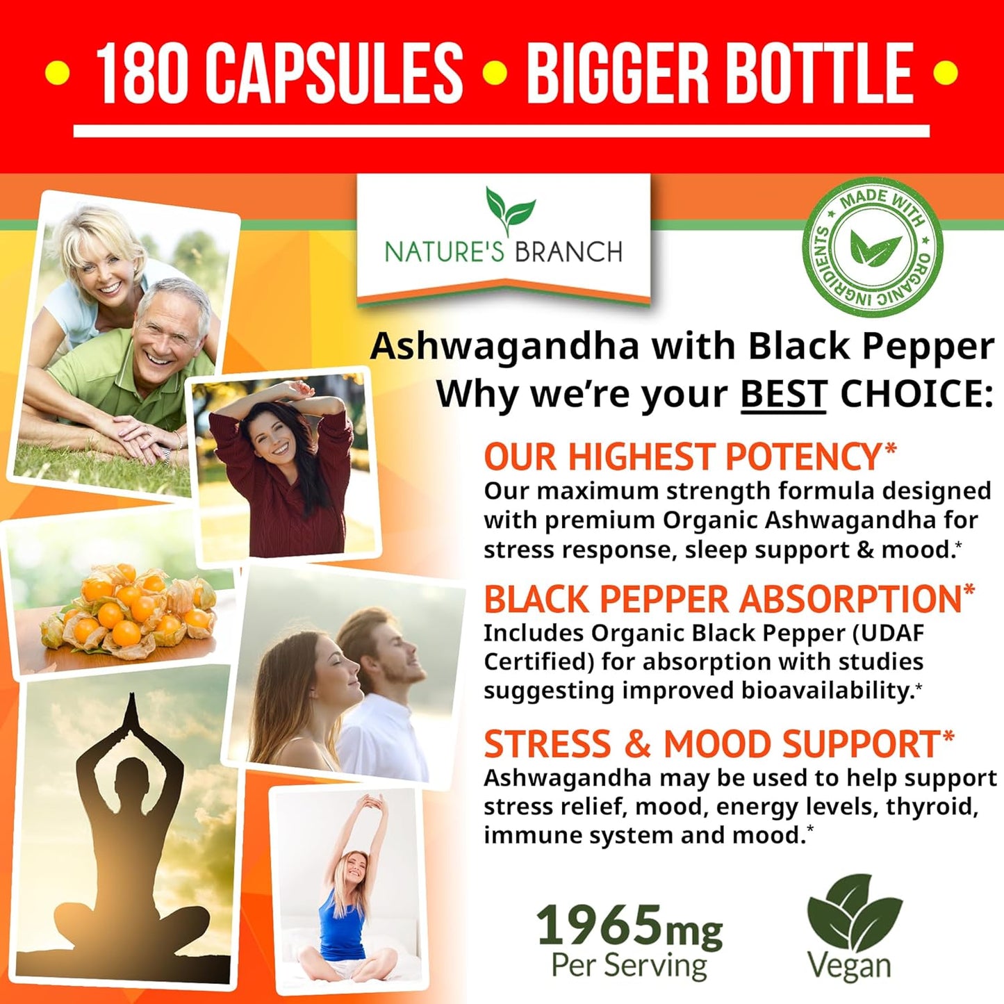 Organic Ashwagandha with Black Pepper - 180 Capsules