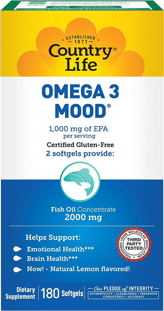 Country Life Omega 3 Mood ,Fish Oil with EPA & DHA,180 Softgels