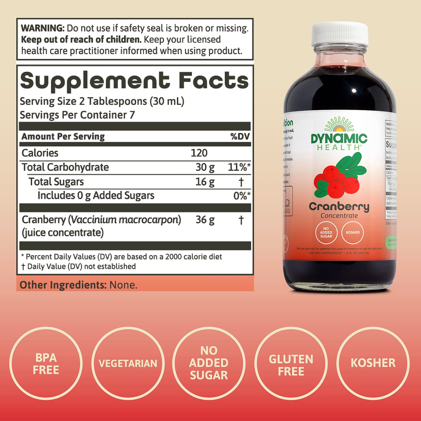 Dynamic Health Pure Cranberry Unsweetened 100% Juice Concentrate, Natural Antioxidant Supplement, 16 Servings, 16oz