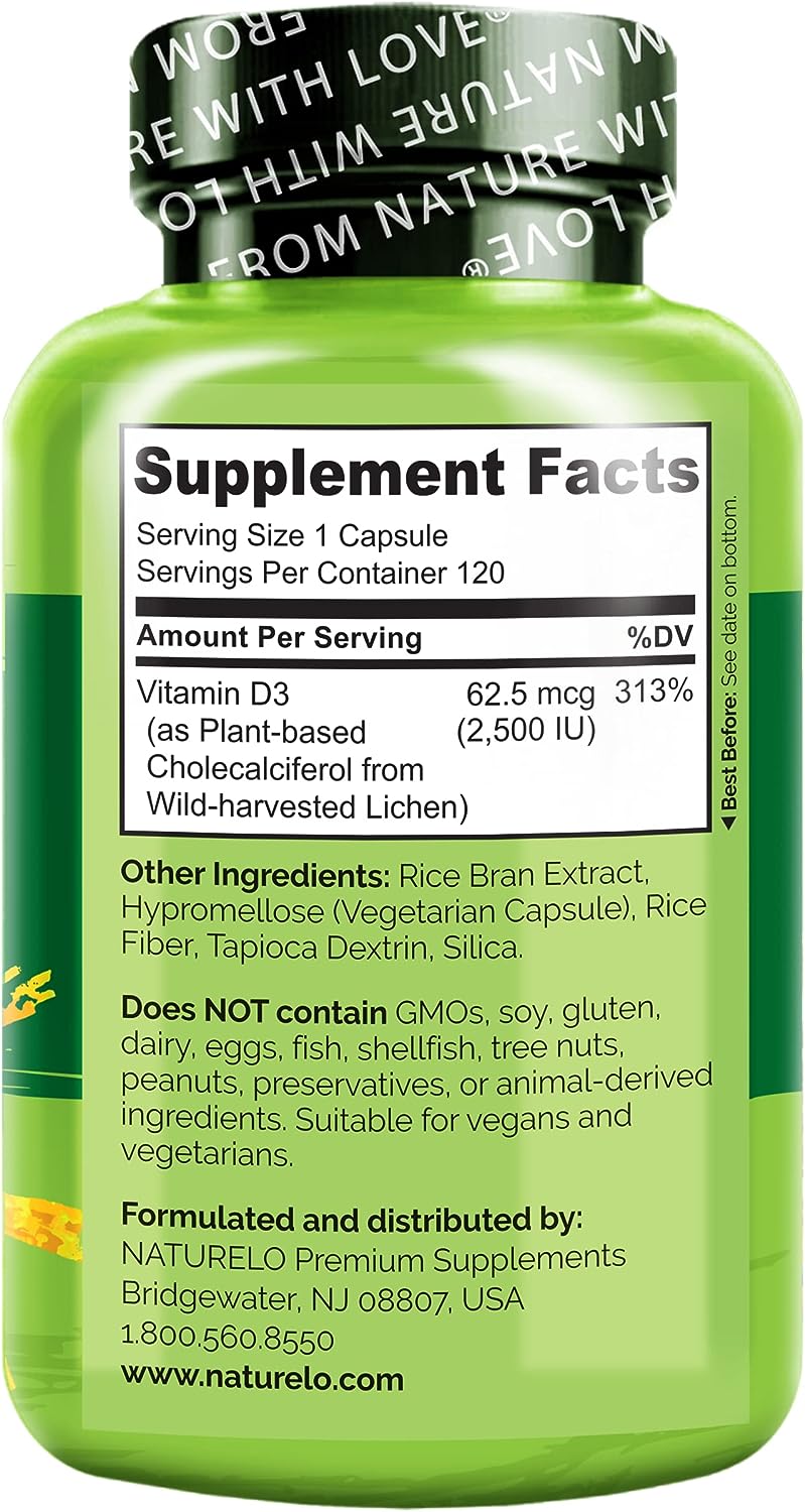 NATURELO Vitamin D - 2500 IU - Plant Based from Lichen - 120 count