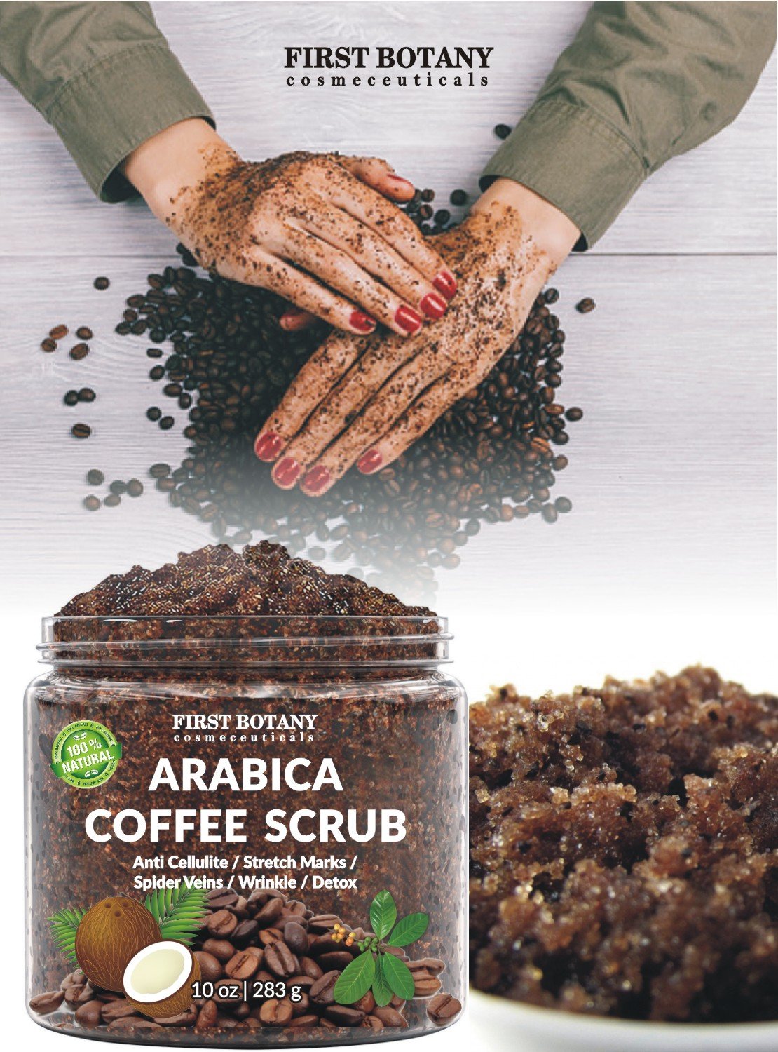 100% Natural Arabica Coffee Scrub with Organic , Coconut and Shea Butter