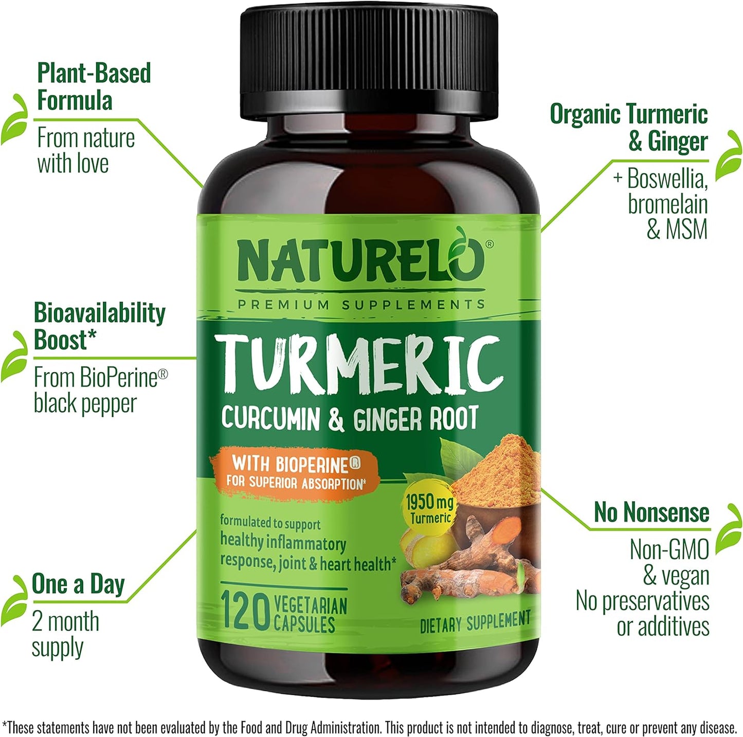 NATURELO Turmeric Curcumin - BioPerine for Better Absorption - 120 capsules