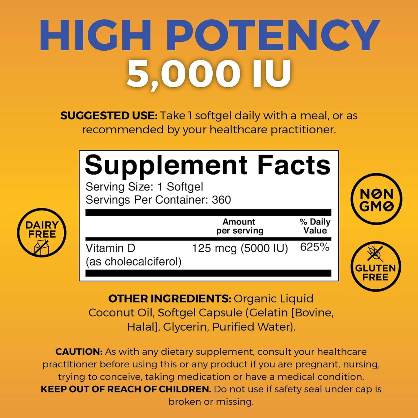 D3 Vitamin 5000 IU Softgels (125 mcg), 360 Softgels - High Potency Vitamin D Supplements