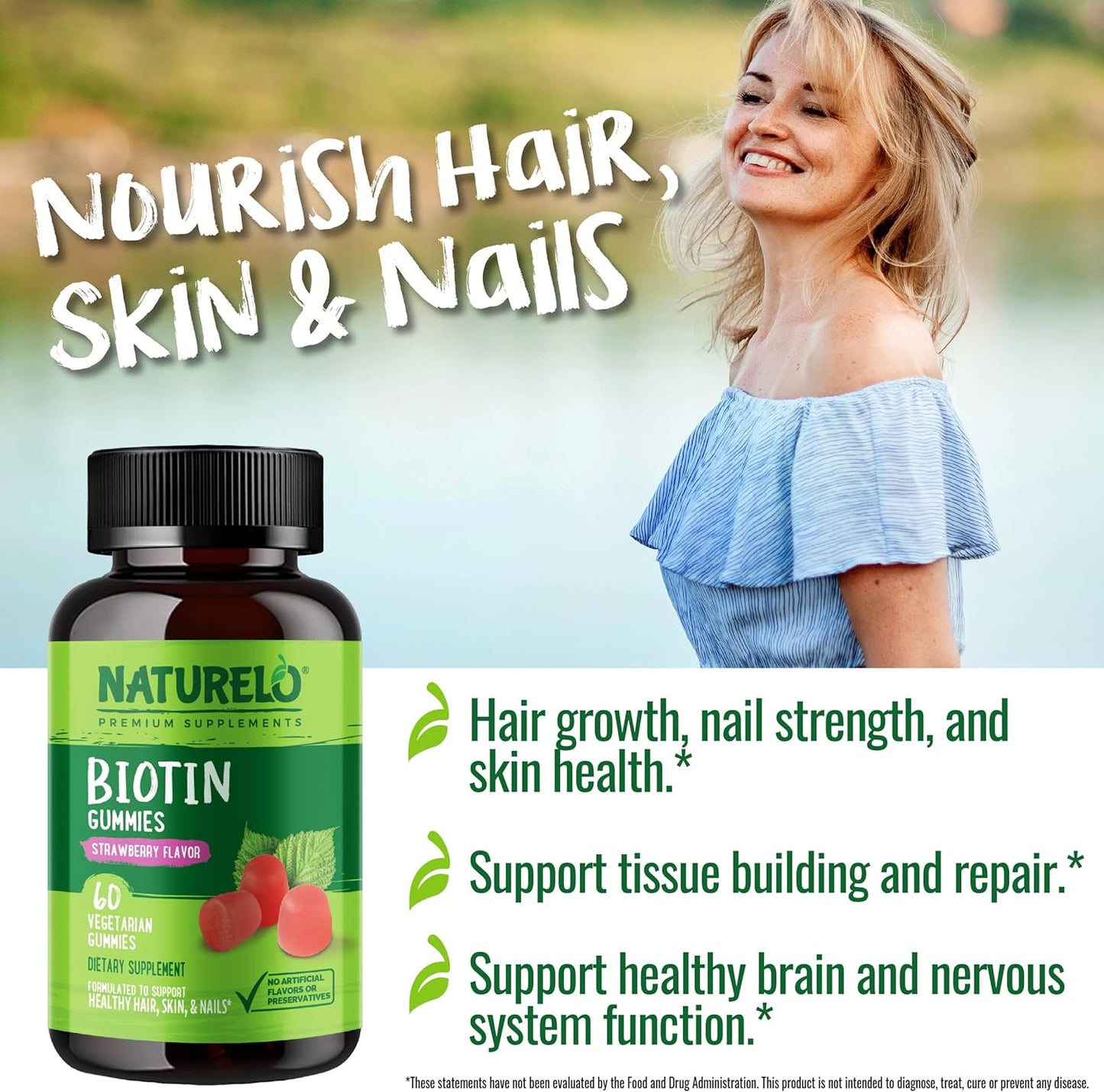 NATURELO Biotin Gummies - Supports Healthy Hair, Skin & Nails - 60 Gummies