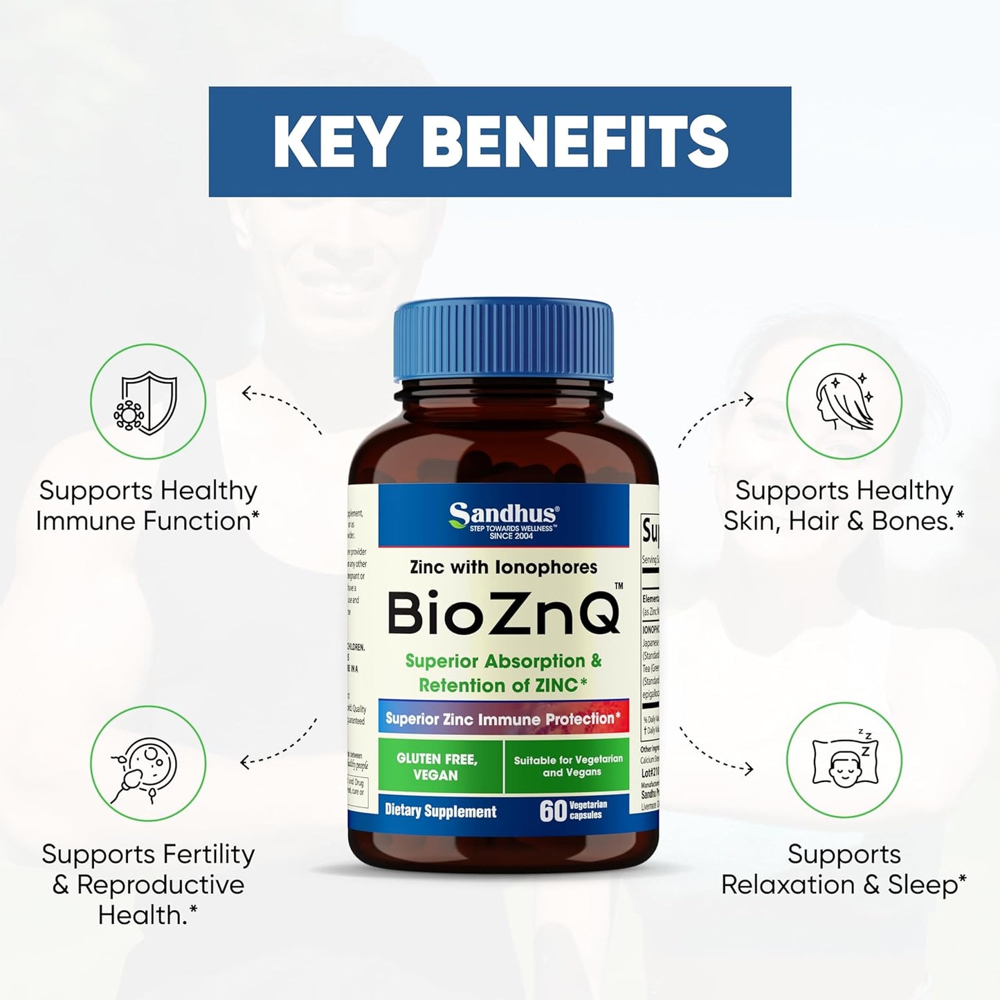 Sandhu's BioZnQ 900mg  Zinc Supplement 60 capsules