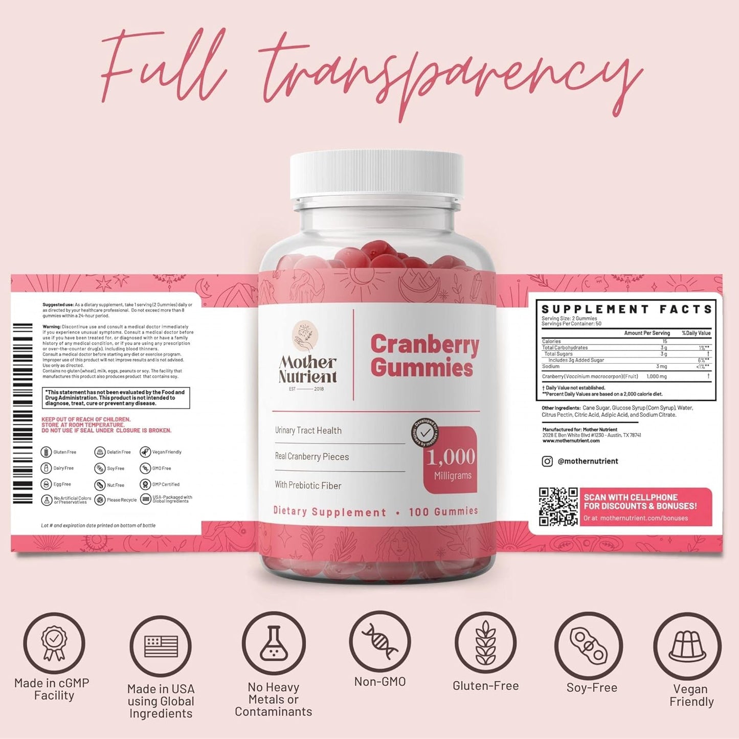 Cranberry Gummies for Women and Kids 1,000mg of Pure Cranberry -100 gummies