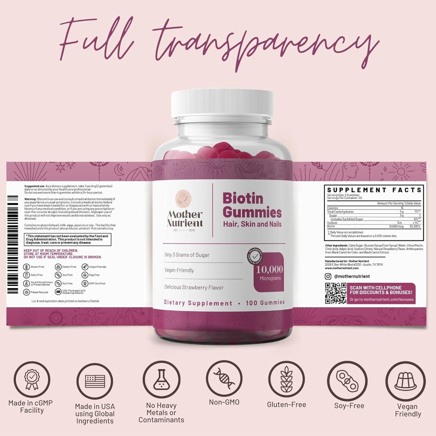 Biotin Gummies Supplements for Women and Men Vegan - 100 gummies