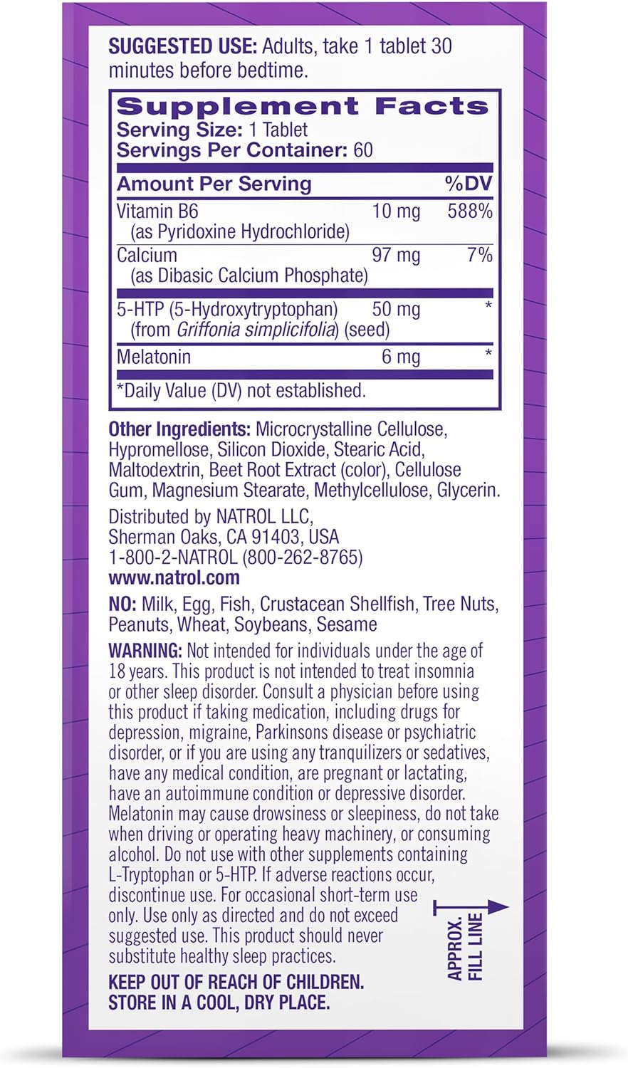 Natrol Advanced Sleep Melatonin + 5HTP, Dietary Supplement for Restful Sleep, 60 Tablets