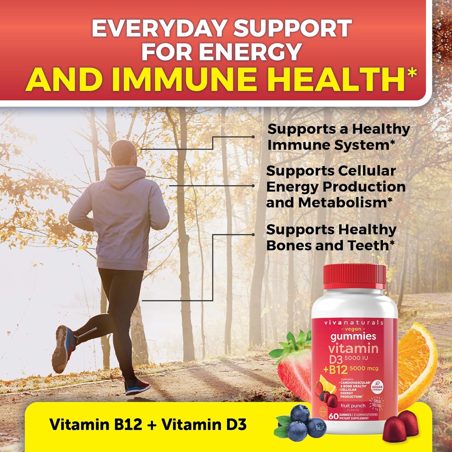 Viva Naturals Plant Based Vitamin B12 Gummies for Adults 5000mcg with Vitamin D3 5000 IU (60 Count)