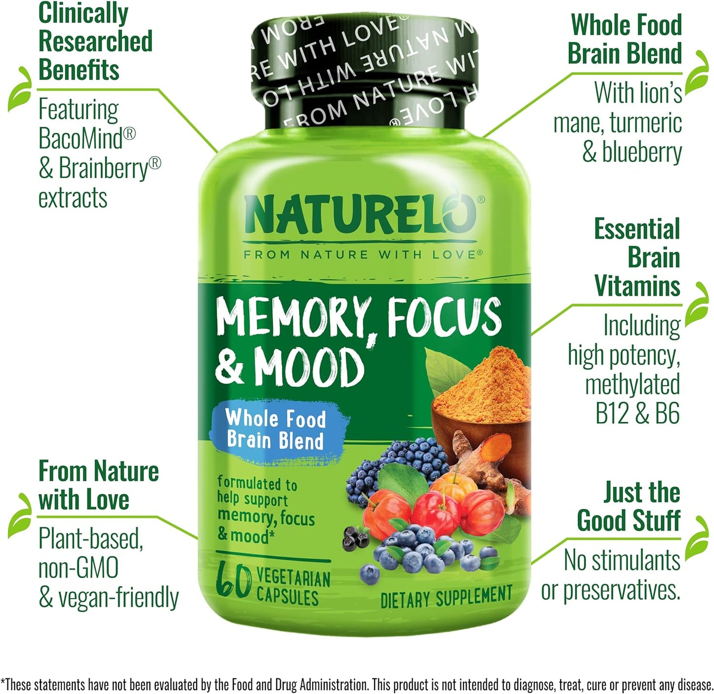 NATURELO Whole Food Brain Blend Supplement, Helps Support Memory, Focus and Mood - 60 Vegetarian Capsules