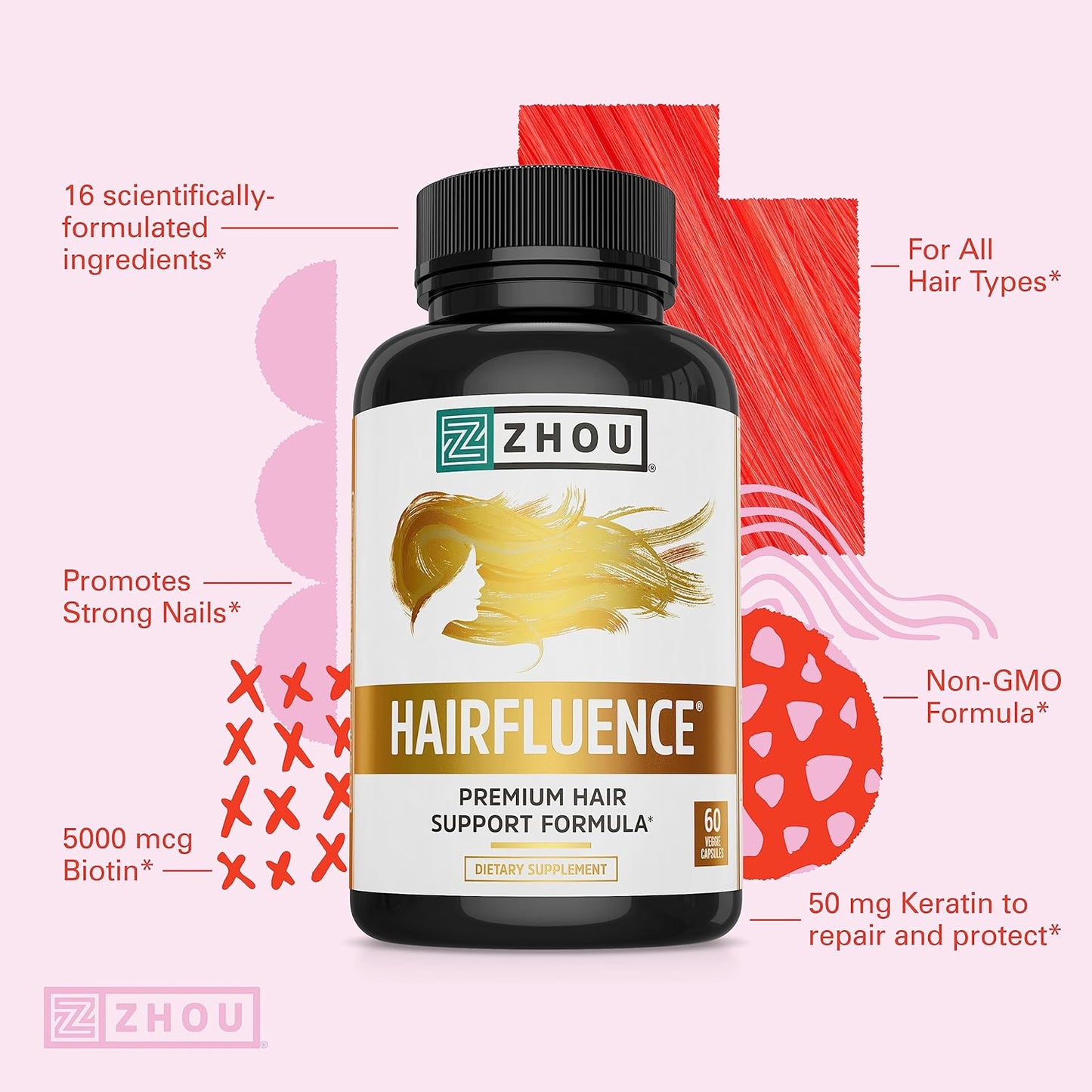 Zhou Hairfluence, Hair Growth Supplement with Biotin  60 Veg Caps