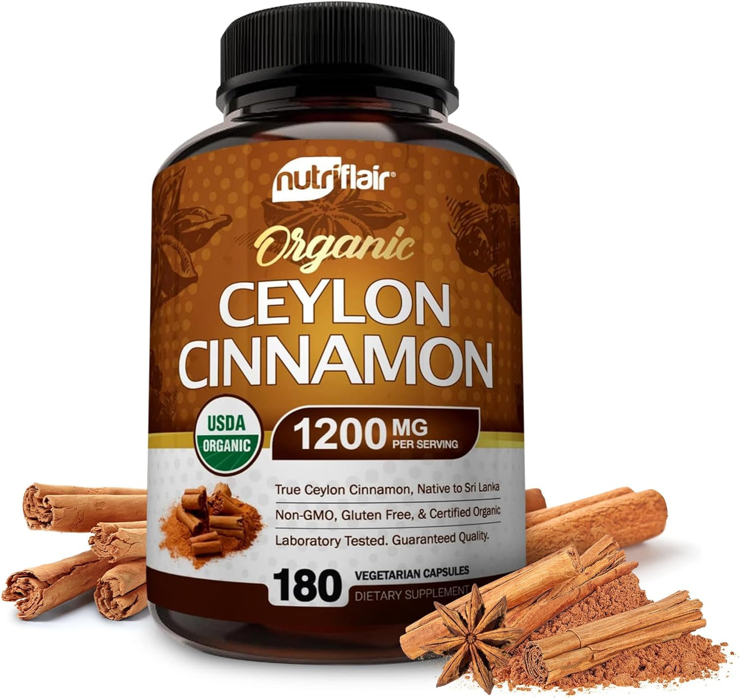 NutriFlair Organic Ceylon Cinnamon (100% Certified Organic Ceylon Cinnamon) 1200mg per Serving, 180 Capsules