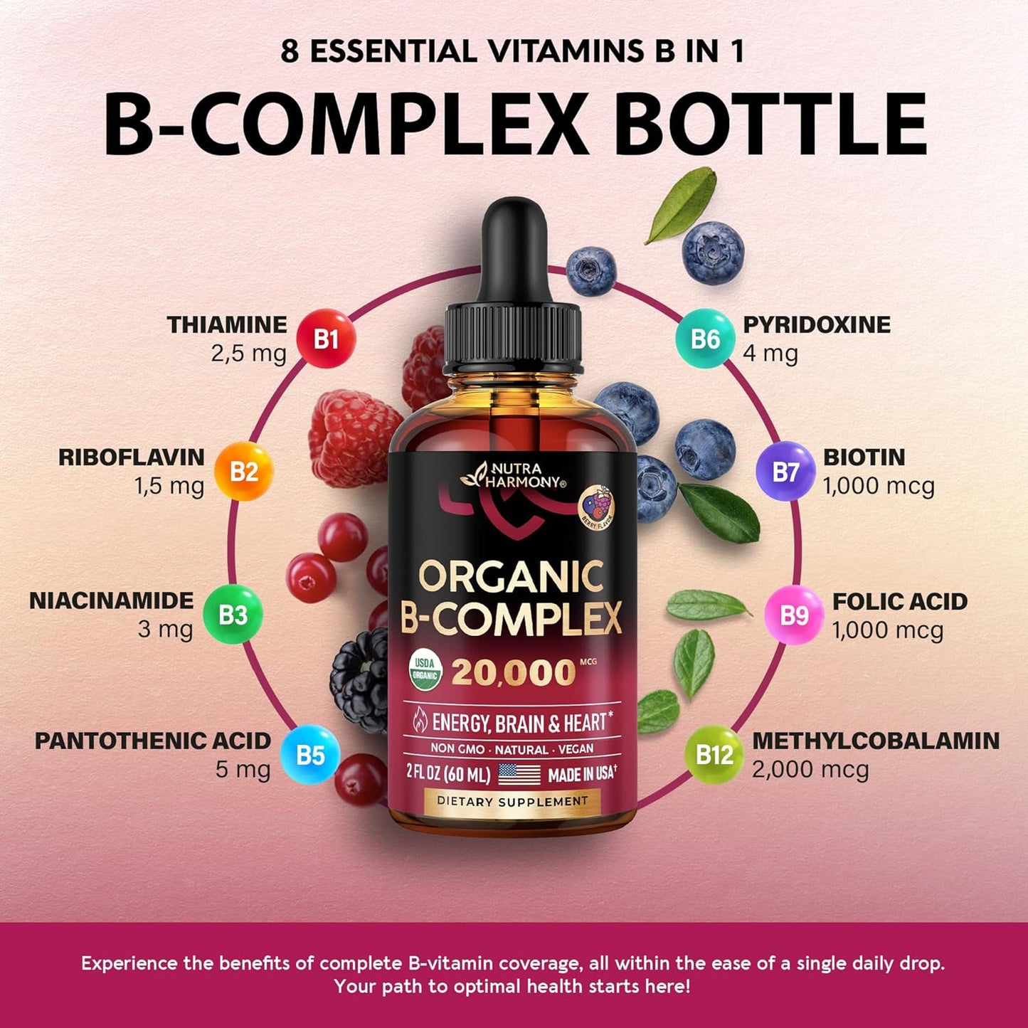 USDA Organic Vitamin B Complex w/ B5 8-in-1 Liquid Drops