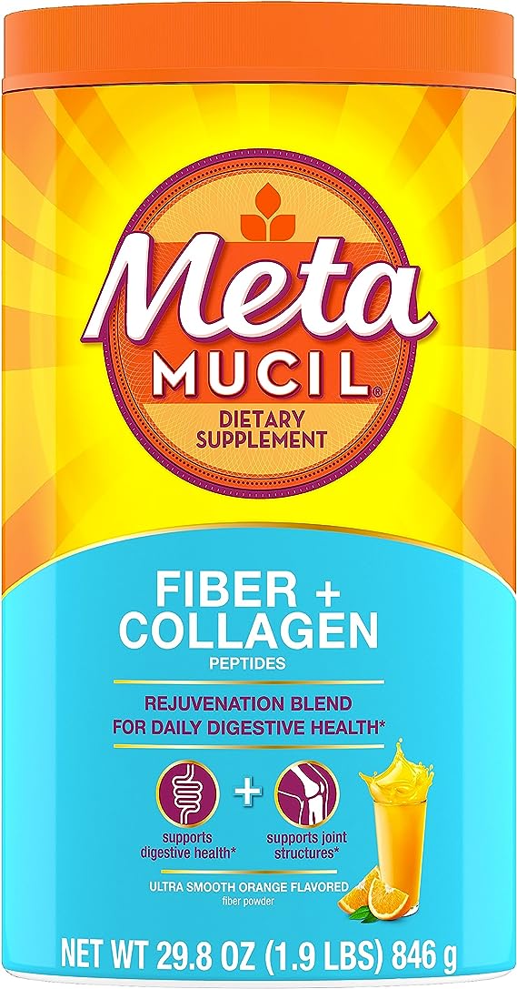 Metamucil Daily Fiber + Collagen, Psyllium Husk Powder, Sugar-Free with  , Orange Flavored, 90 Doses