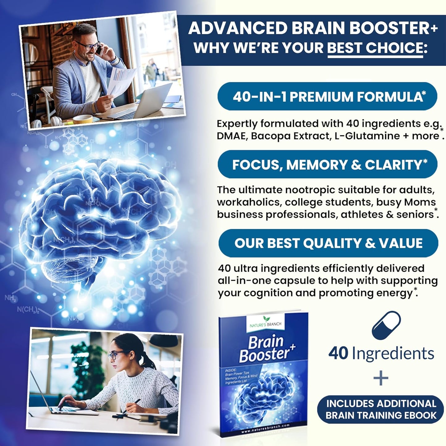 Brain Booster Supplement For Focus, Memory, Clarity, Energy 60 Capsules