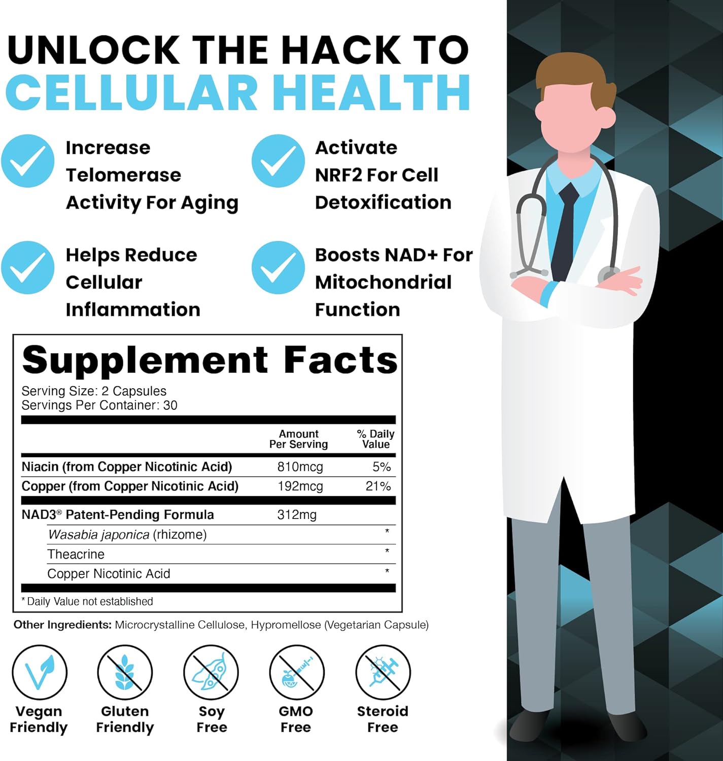 HPN NAD+ Booster (NAD3), Anti Aging Cell Booster, 60 caps