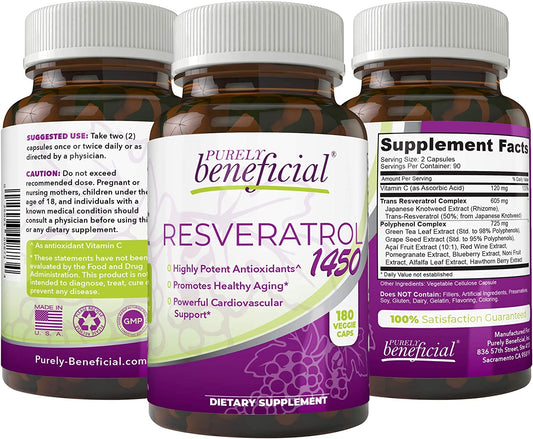 PURELY beneficial RESVERATROL1450-90day Supply, 1450mg per Serving of Potent Antioxidant