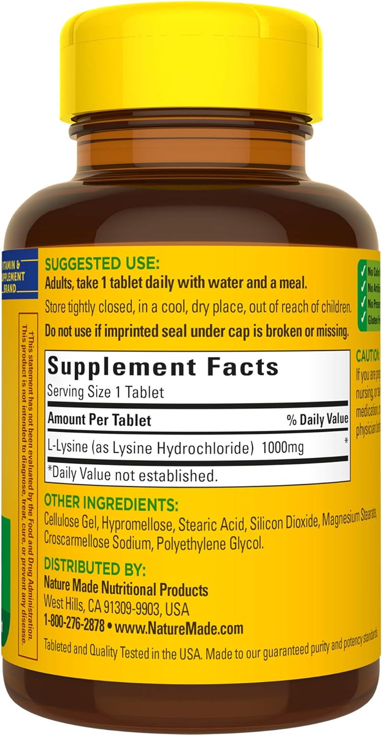 Nature Made L-Lysine 1000 mg, Dietary Supplement, 60 Tablets