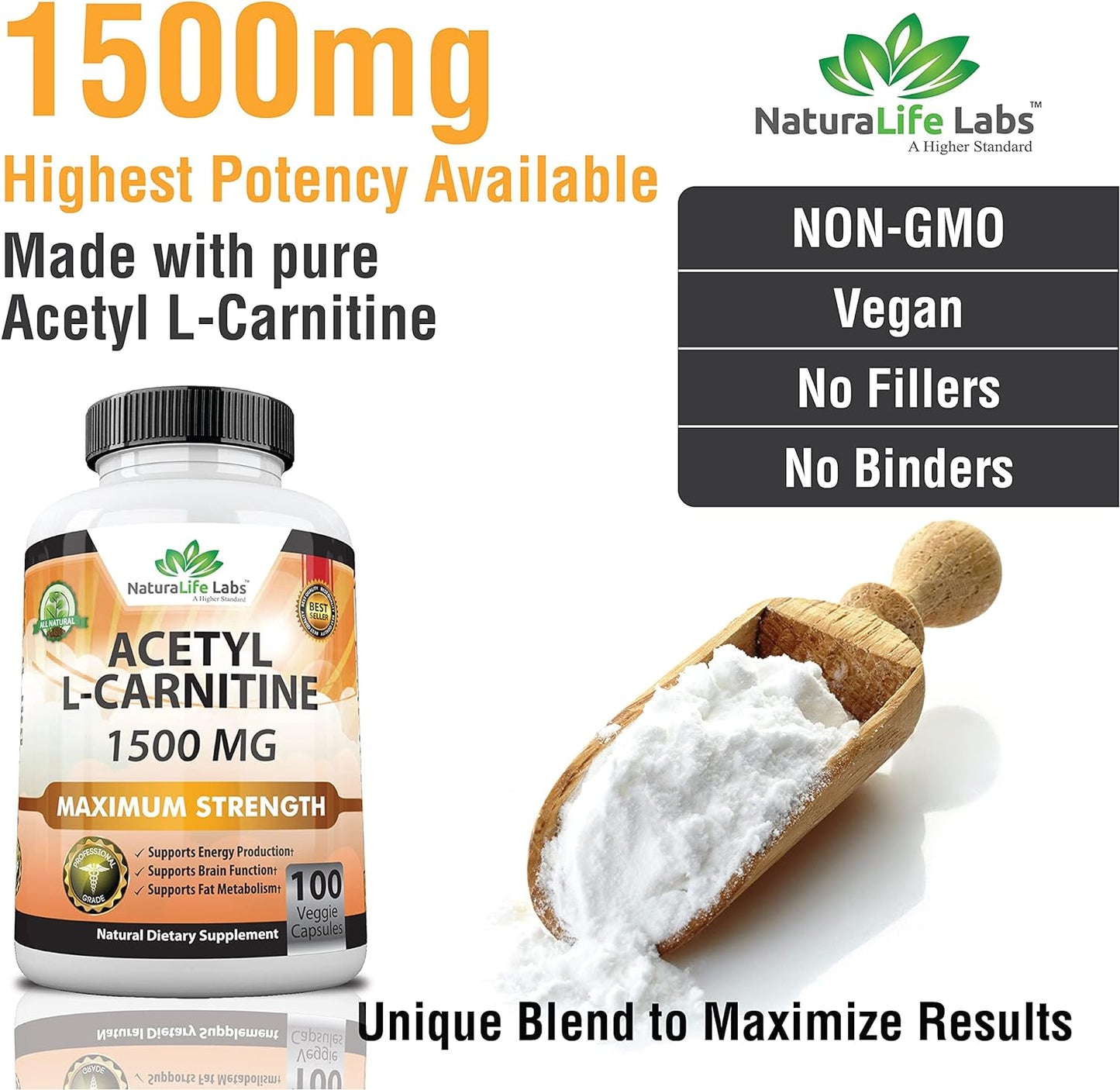 Acetyl L-Carnitine 1,500 mg High Potency Supports 100 Veggie Capsules