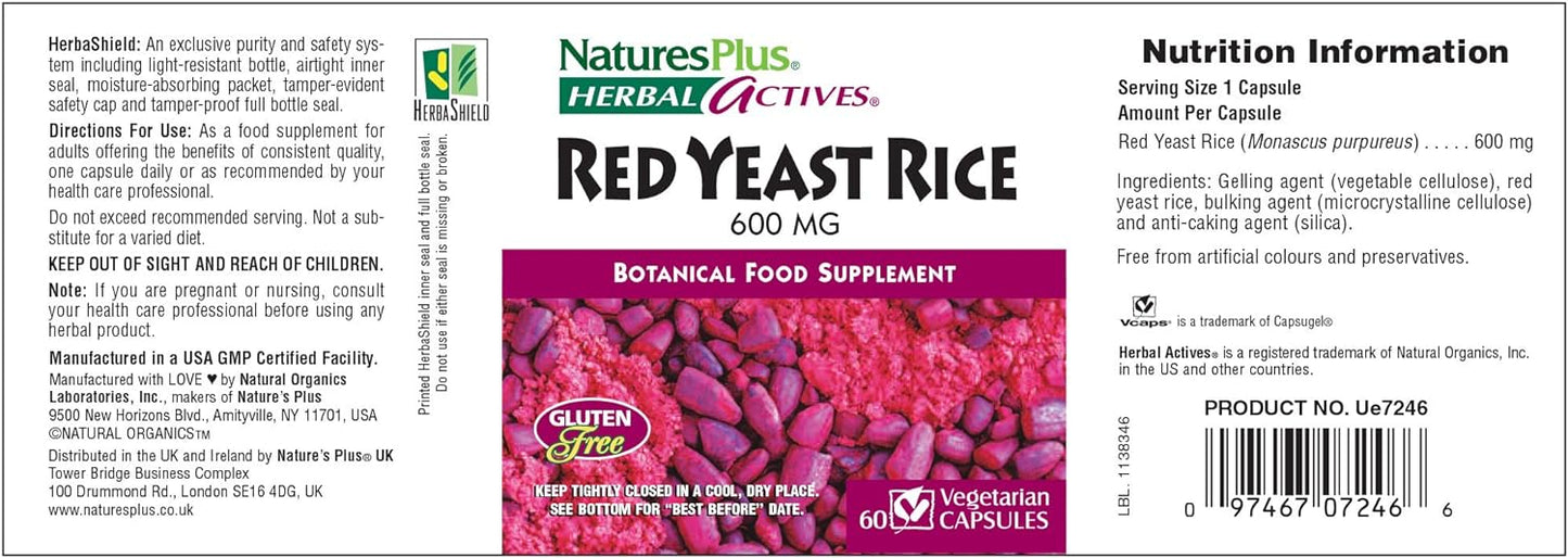 NaturesPlus Herbal Actives Red Yeast Rice - 600 mg, 60 Vegan Capsules