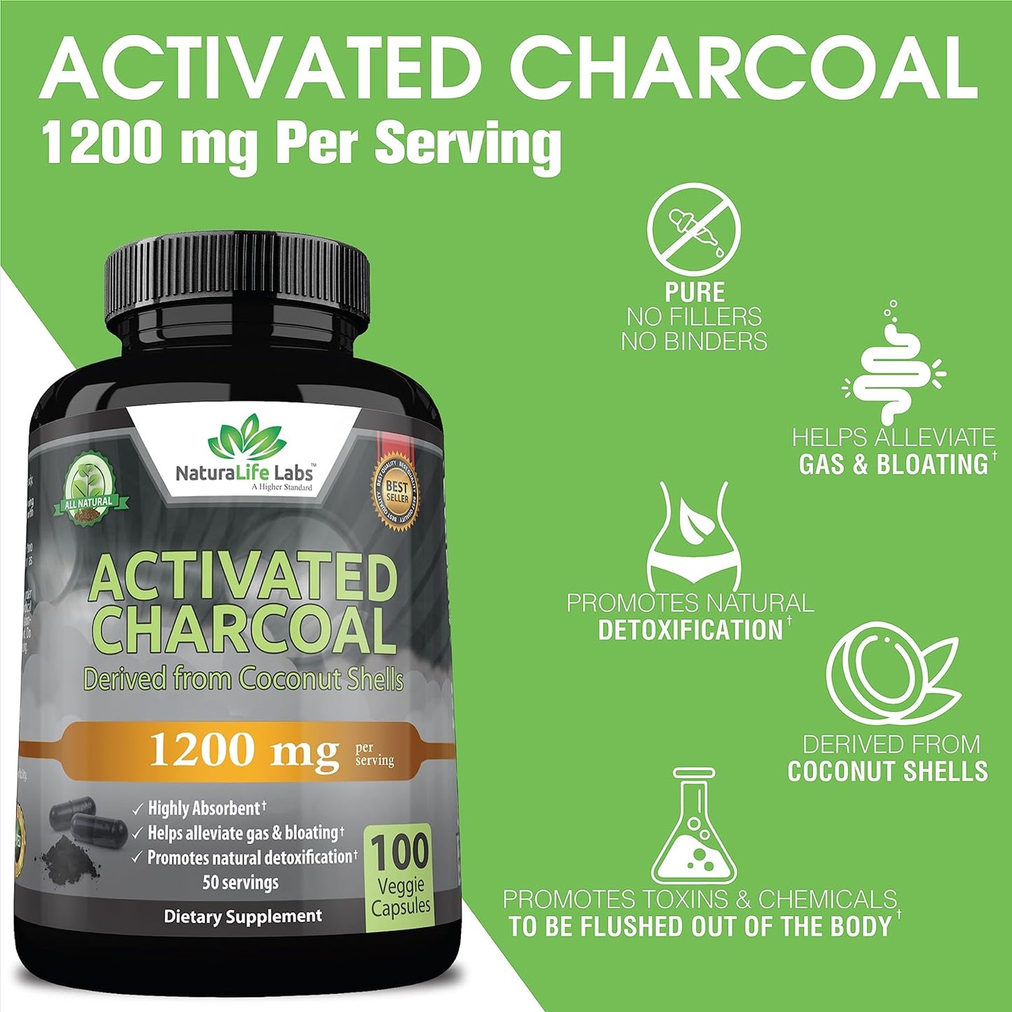 Activated Charcoal Capsules -  Highly Absorbent 100 Vegan Capsules