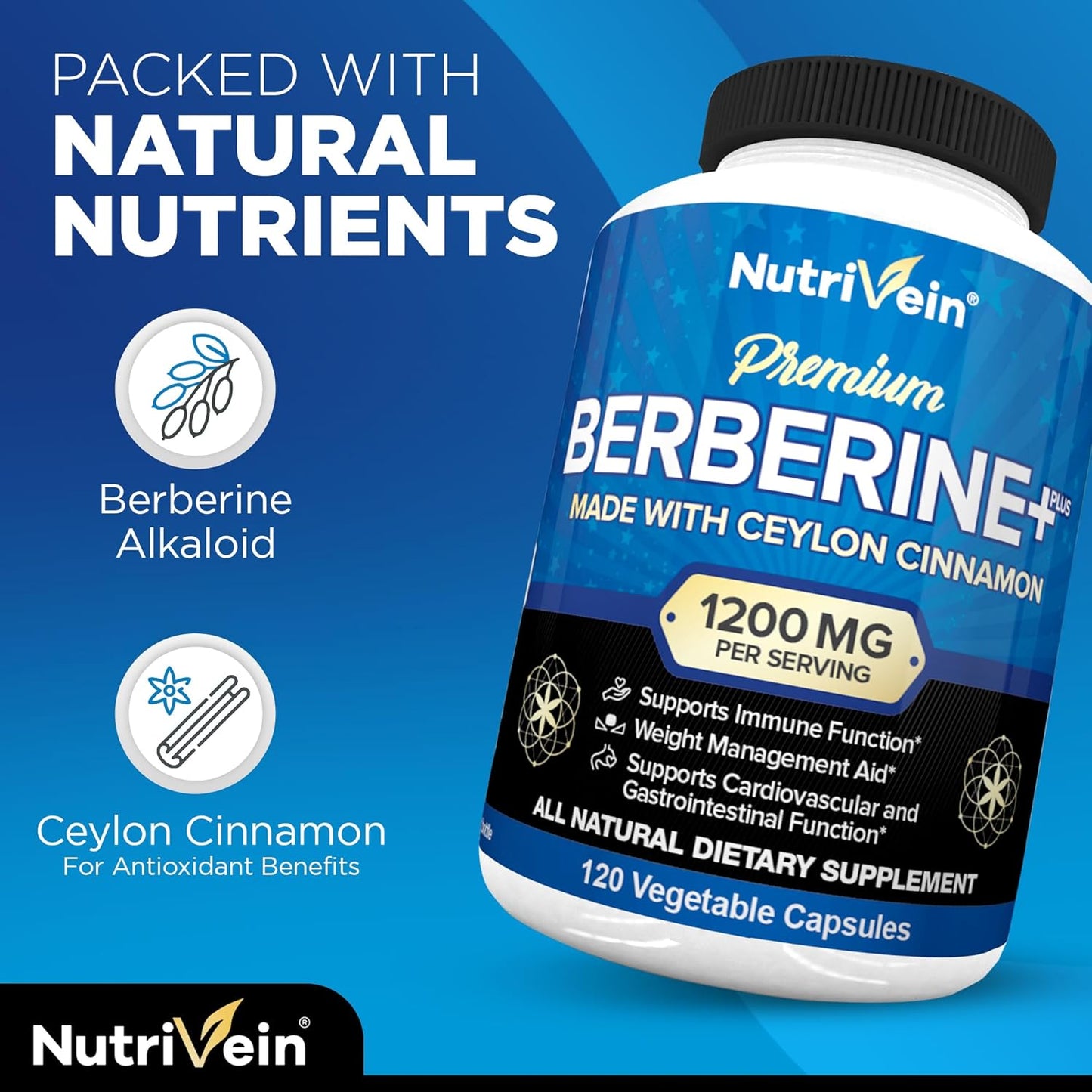 Nutrivein Premium Berberine HCL 1200mg plus  - 120 Capsules