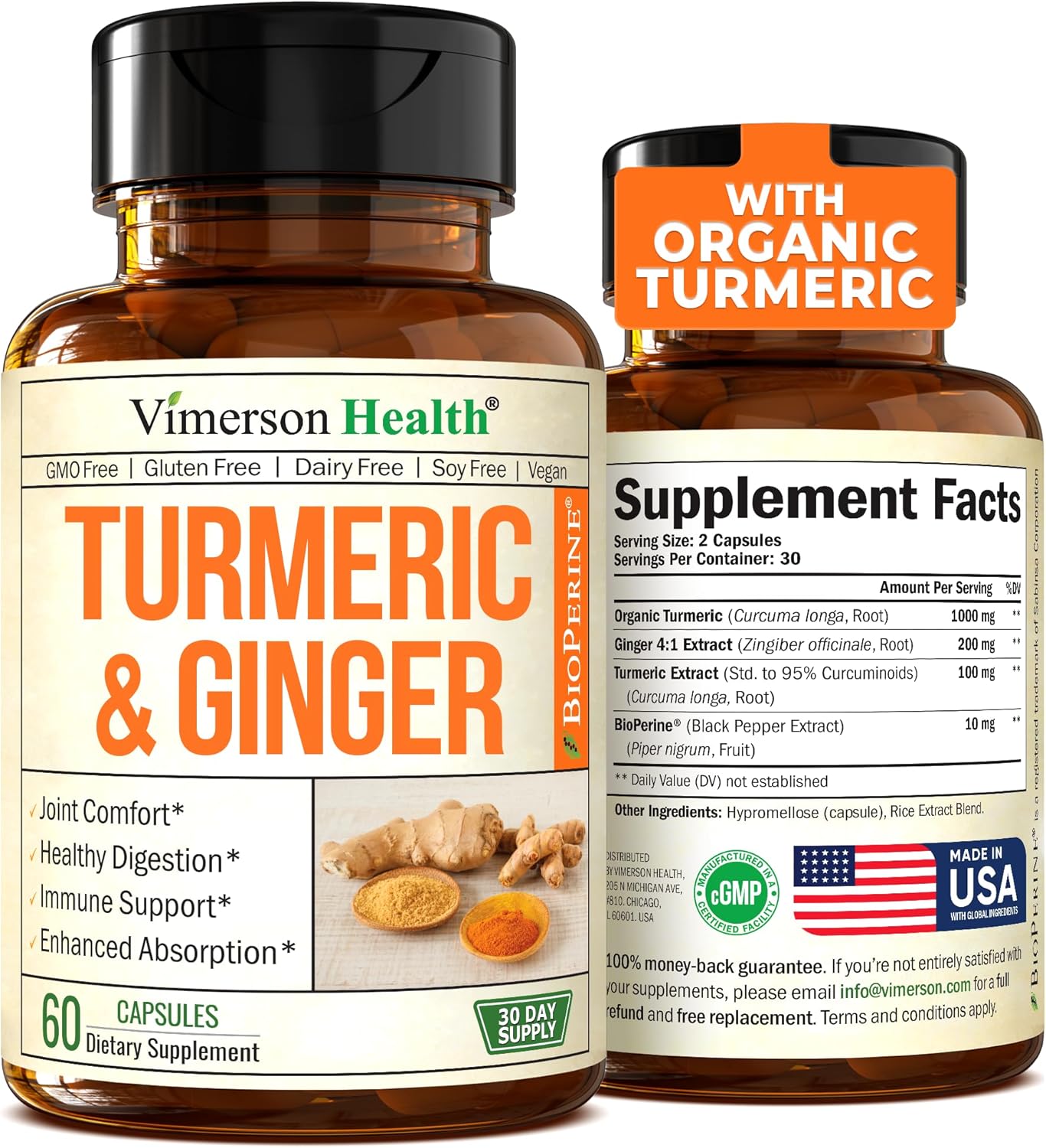 Tumeric and Ginger with Black Pepper - Natural Turmeric Curcumin Joint Support 60 capsules