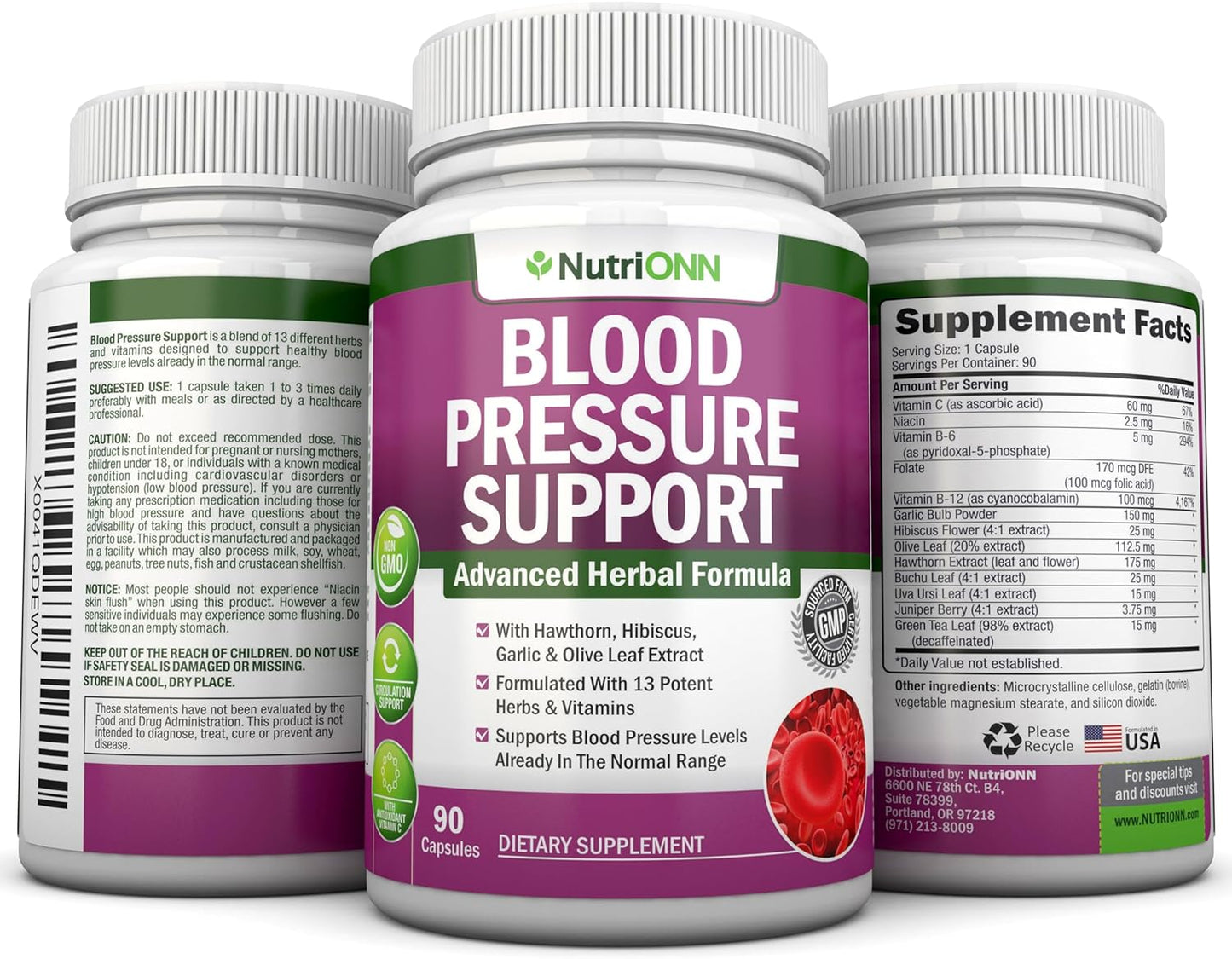 Blood Pressure Support Supplement - 13 Herbs & Vitamins - 90 capsules