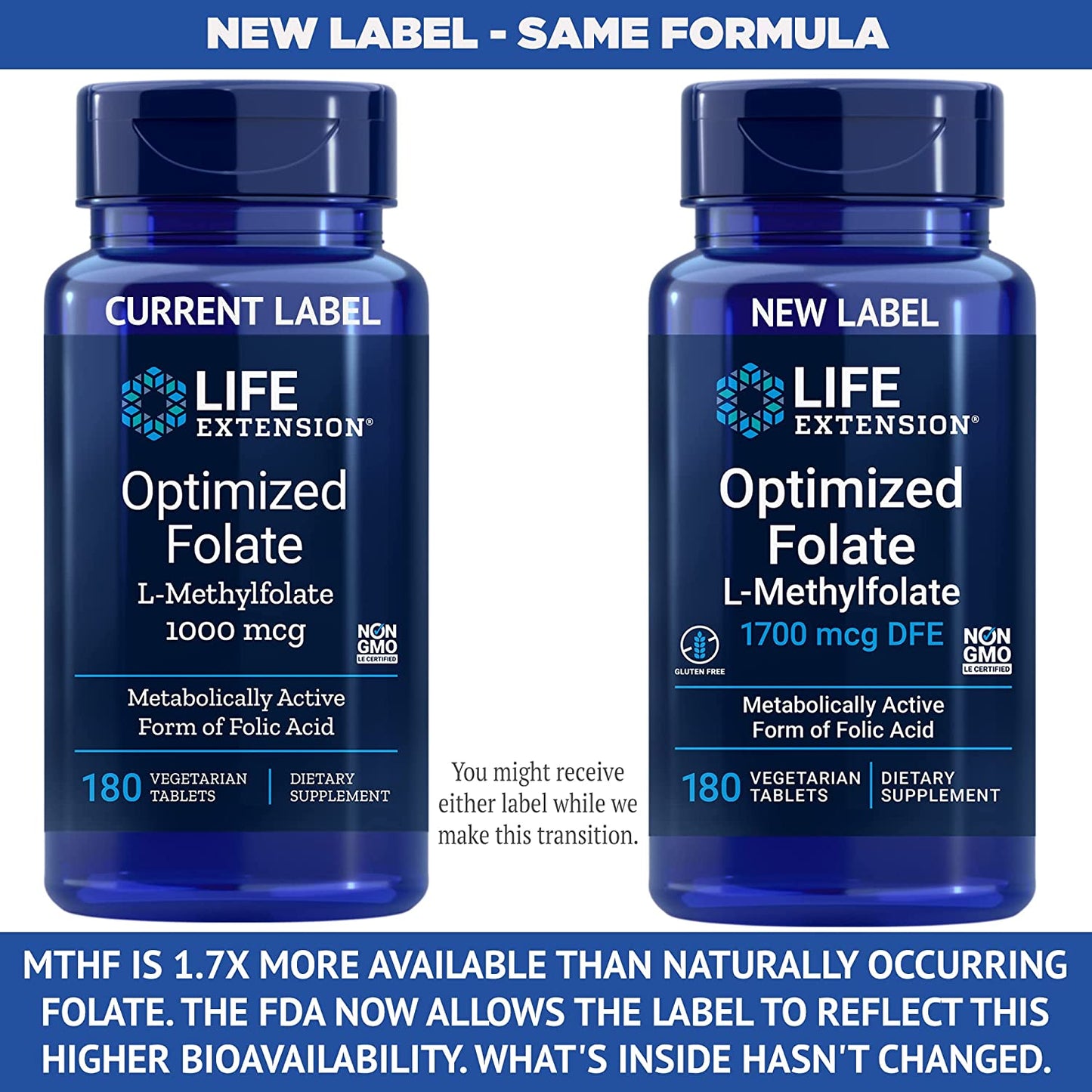 Life Extension Optimized Folate (L-Methylfolate) 1700 mcg DFE, 180 Veg Tablets