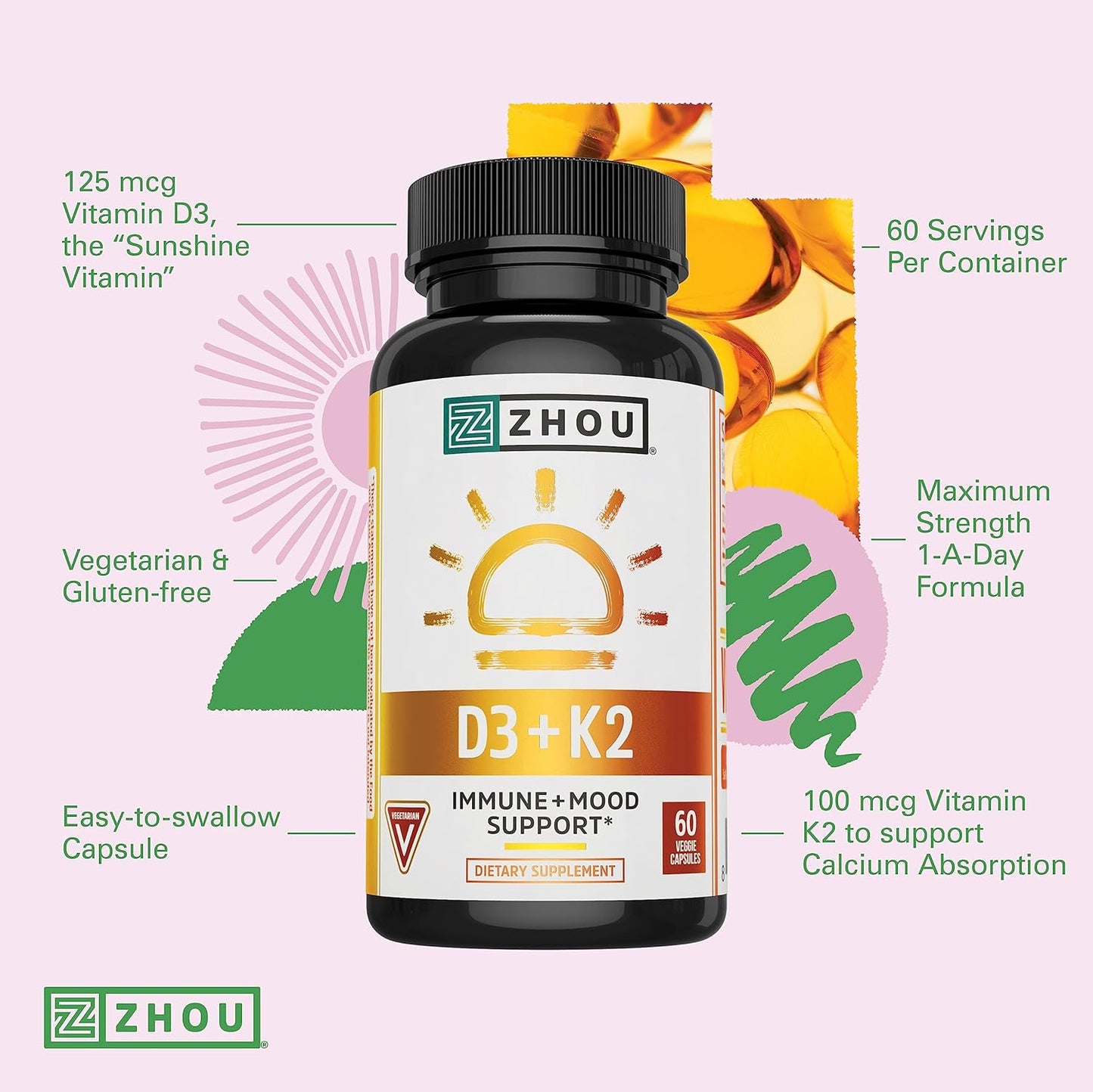 Zhou Nutrition Vitamin D3 K2, Bone and Heart Health Formula 60 Count