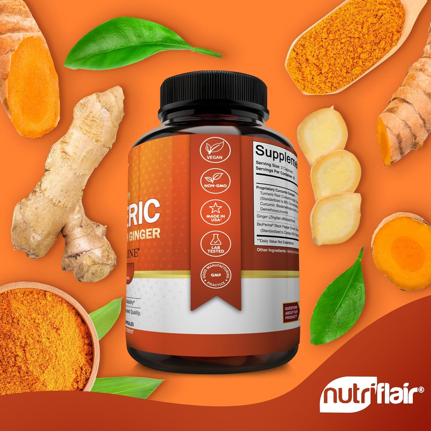 NutriFlair Turmeric Curcumin with Ginger and BioPerine Black Pepper  180 Capsules